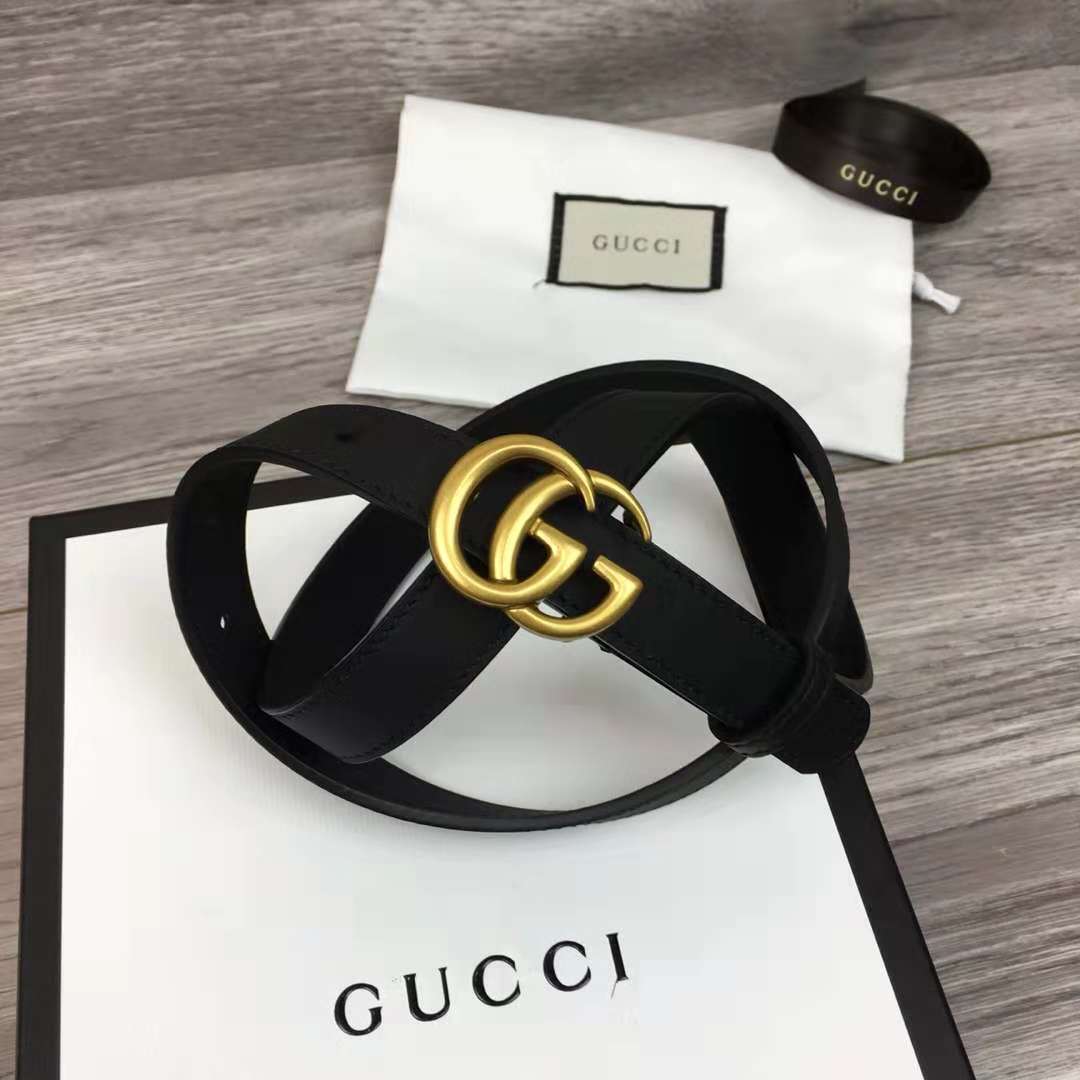 Gucci Leather Black Belt With Double G Golden Buckle (2CM) - 