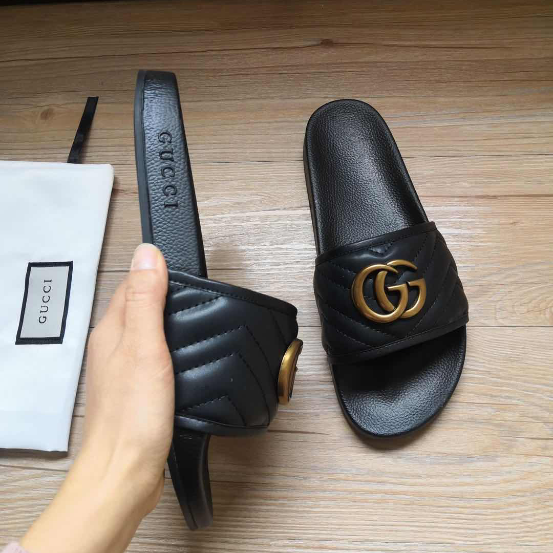 Gucci Black Double G Slippers - 