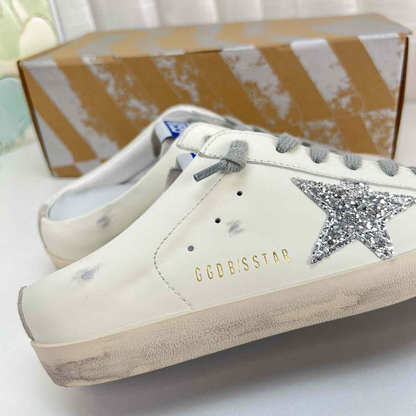 Golden Goose Super-Star Sabots In White Leather And Gray Suede With Silver Glitter Star - 