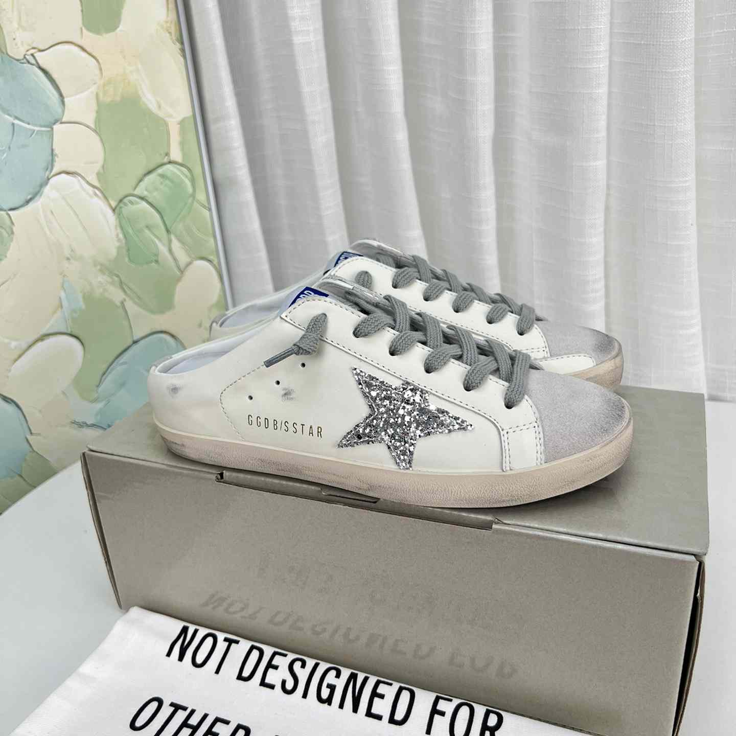 Golden Goose Super-Star Sabots In White Leather And Gray Suede With Silver Glitter Star - 