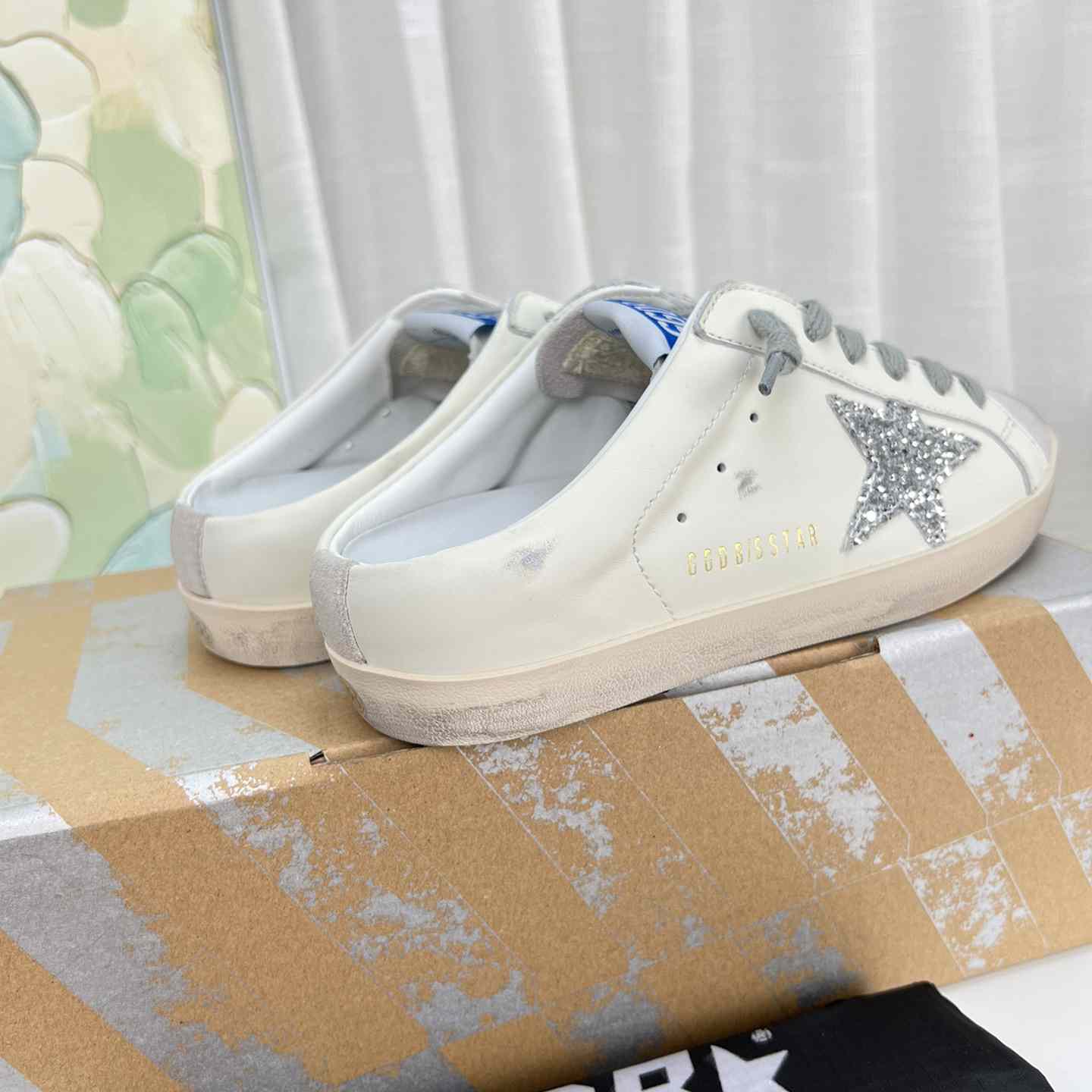 Golden Goose Super-Star Sabots In White Leather And Gray Suede With Silver Glitter Star - 