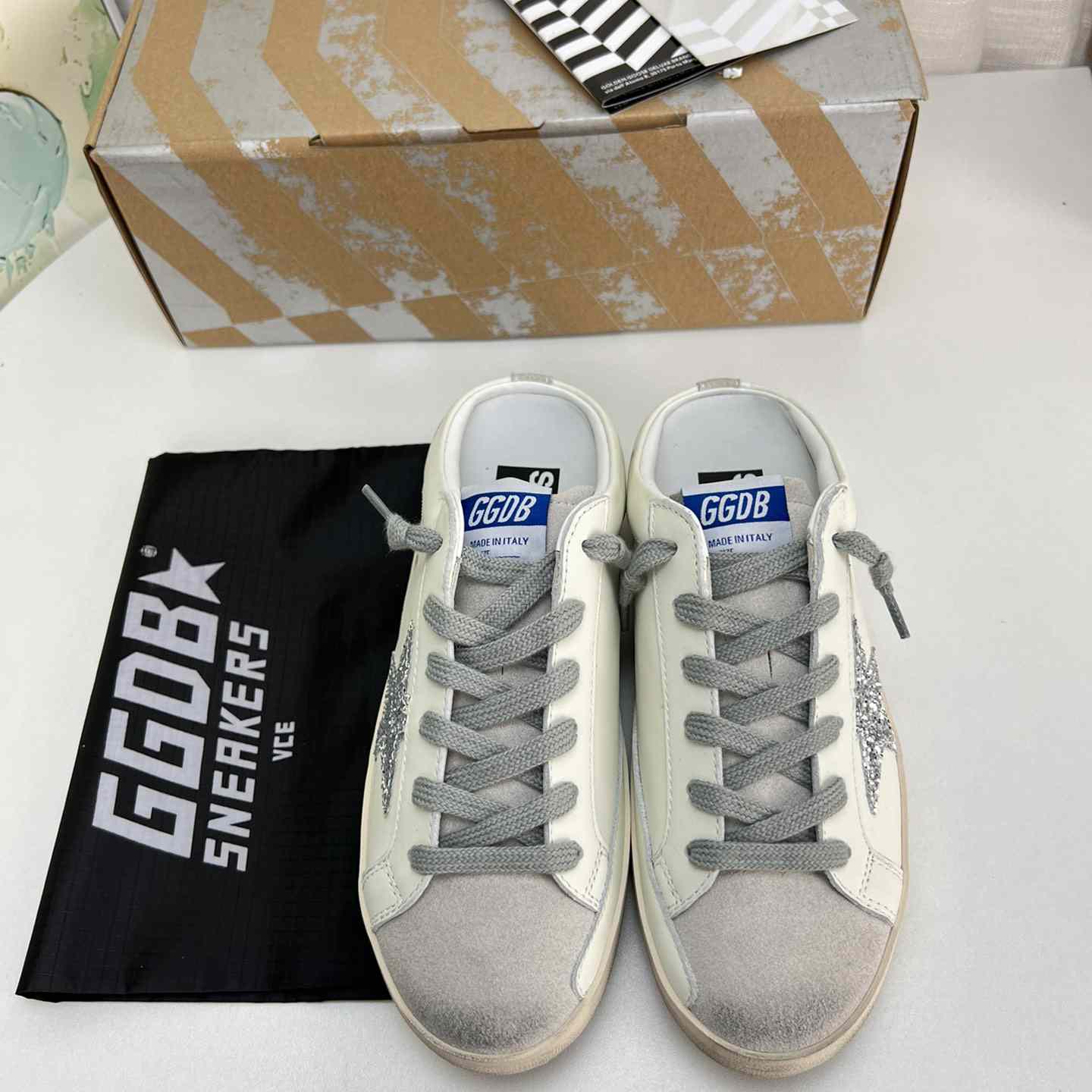 Golden Goose Super-Star Sabots In White Leather And Gray Suede With Silver Glitter Star - 