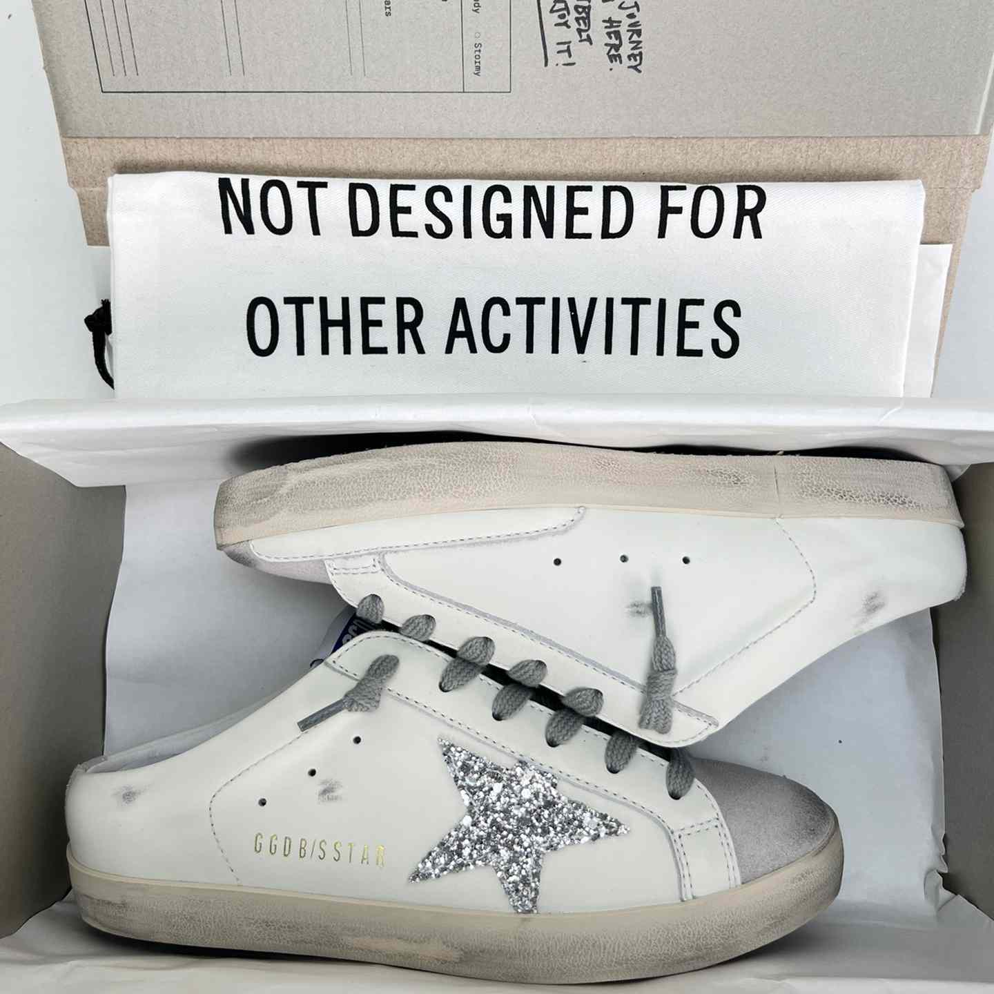 Golden Goose Super-Star Sabots In White Leather And Gray Suede With Silver Glitter Star - 