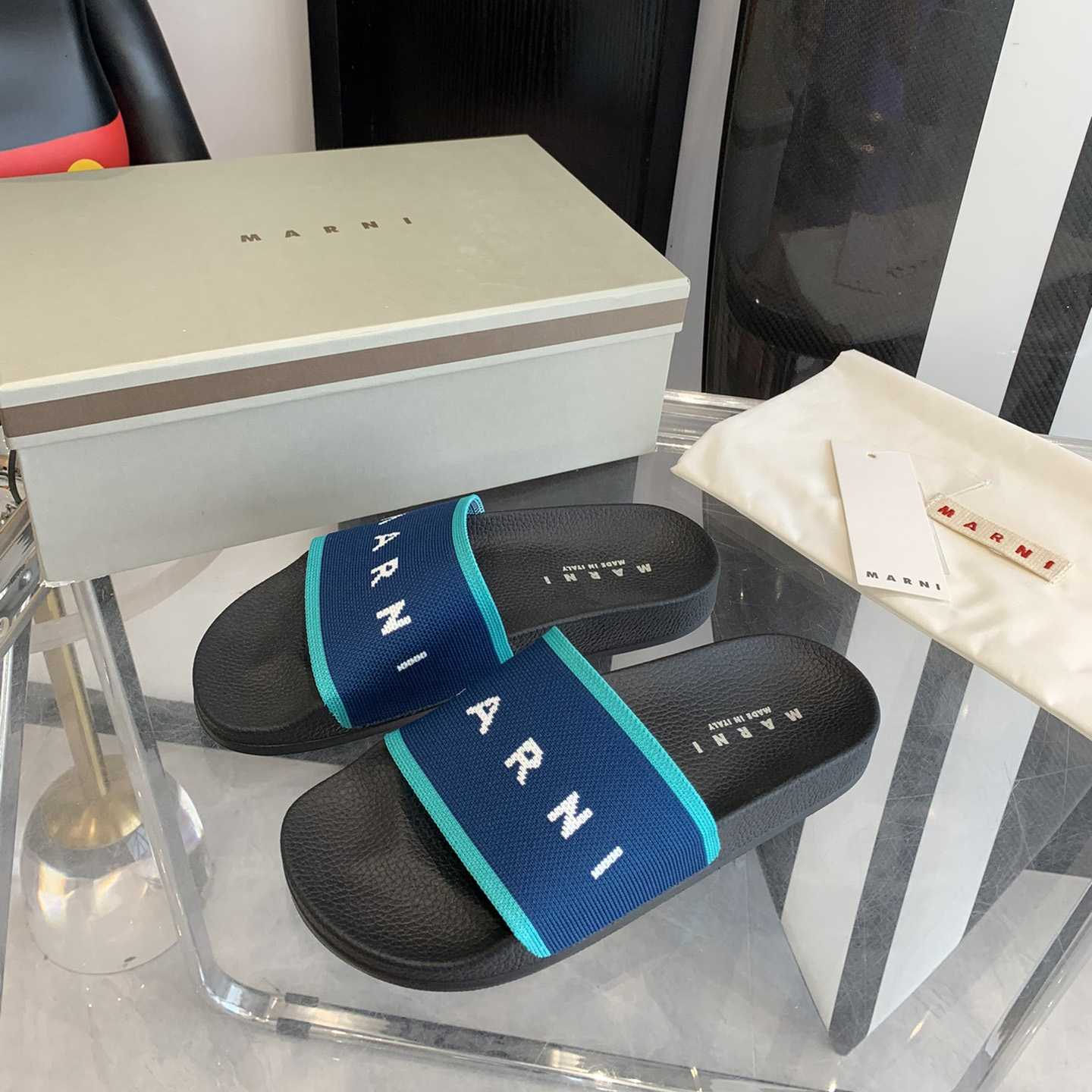 Marni Blue Logo Jacquard Rubber Slide - 