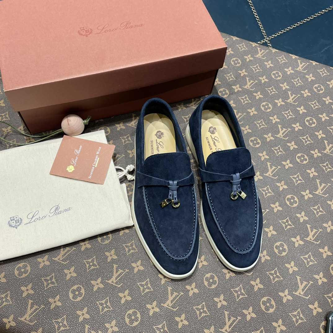 Loro Piana Summer Charms Walk Suede Loafers In Caviar - 