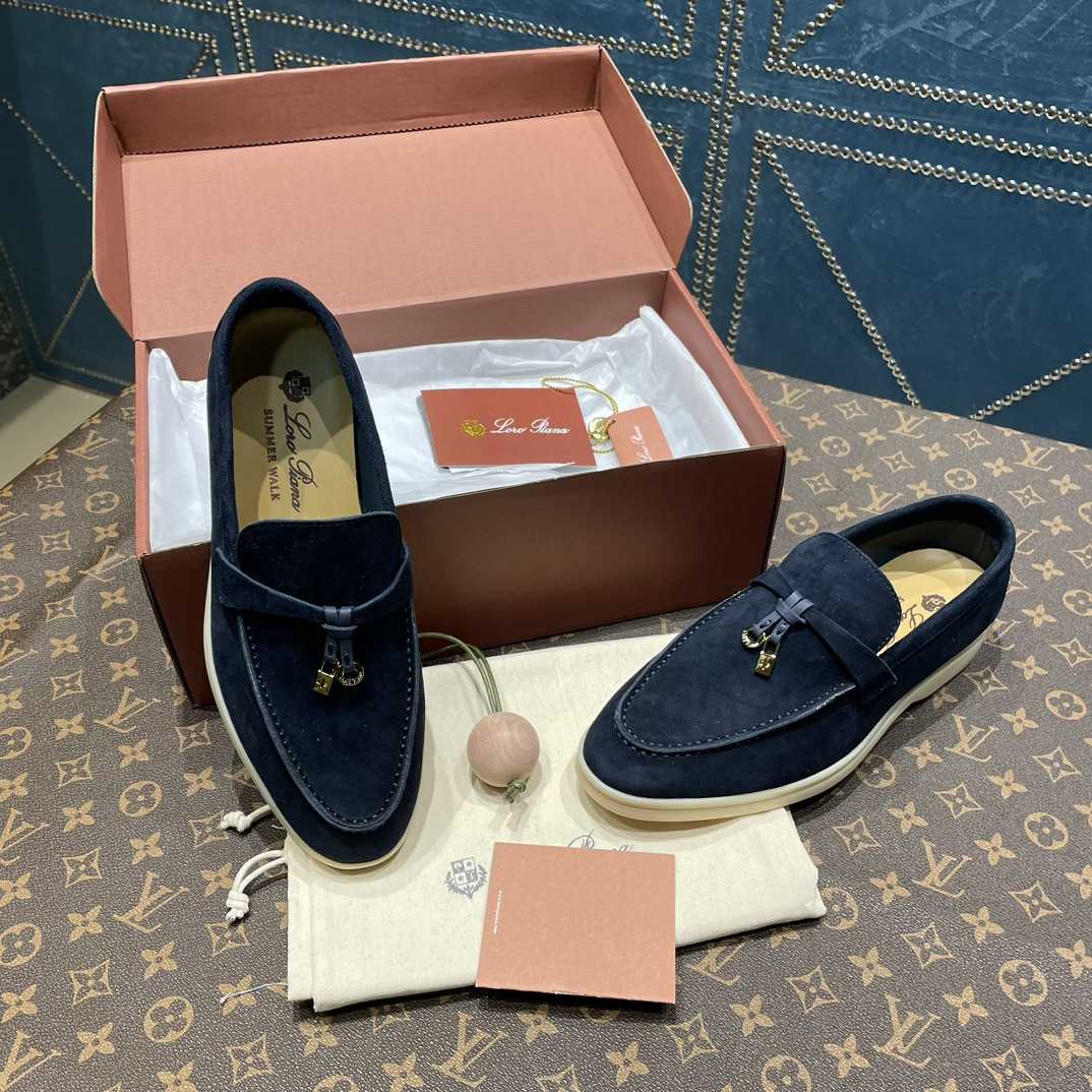 Loro Piana Summer Charms Walk Suede Loafers In Caviar - 