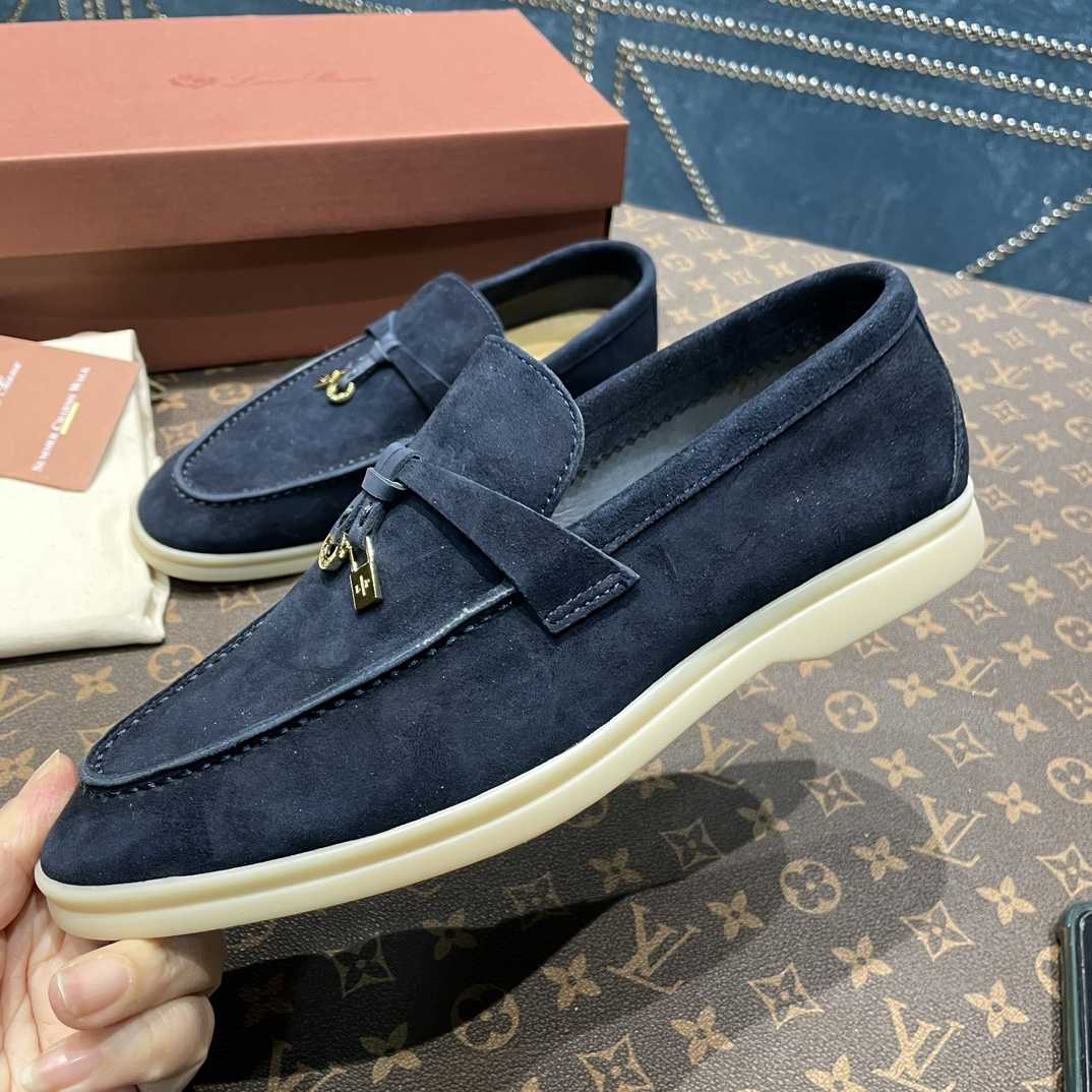 Loro Piana Summer Charms Walk Suede Loafers In Caviar - 