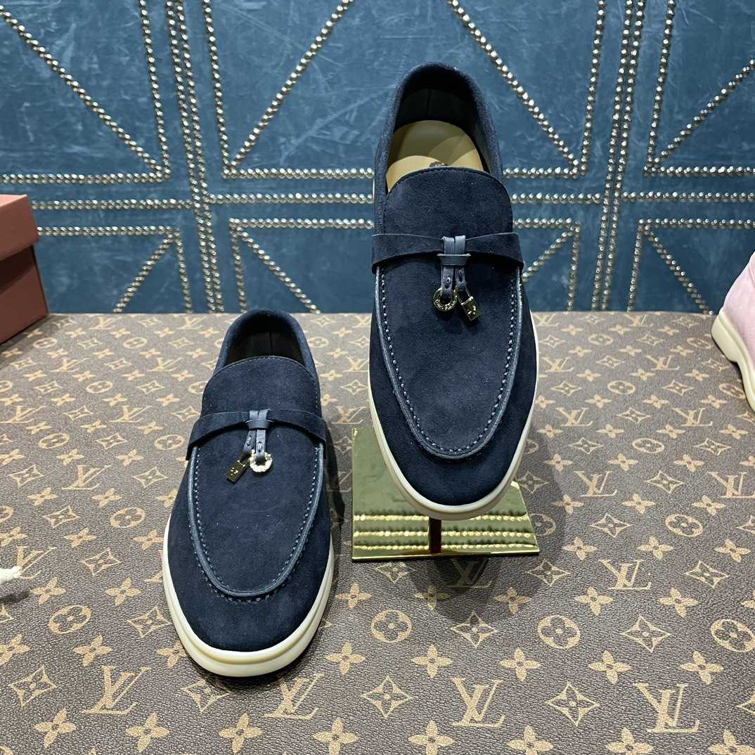 Loro Piana Summer Charms Walk Suede Loafers In Caviar - 