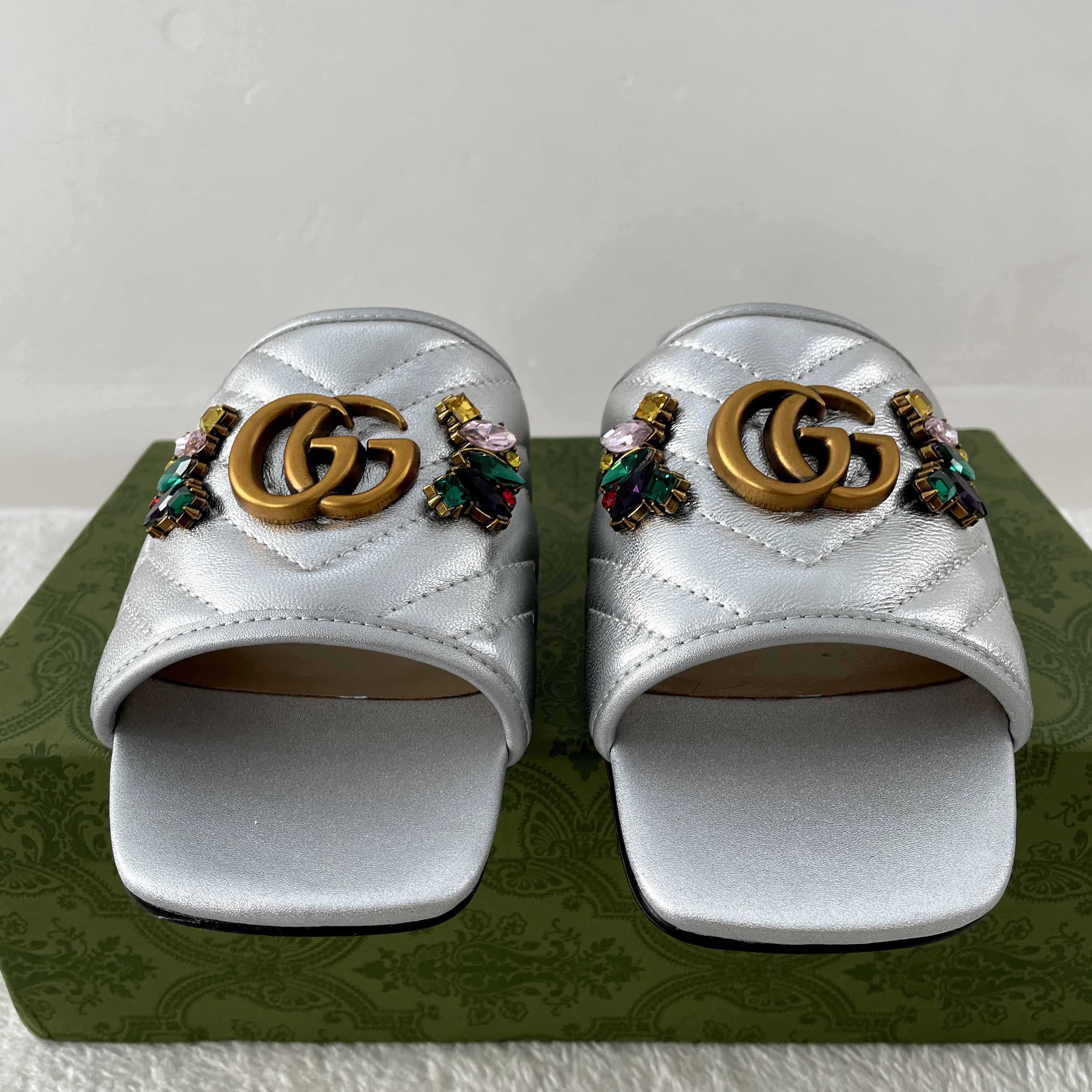 Gucci Women's Crystal Embellished Leather Slide Sandals - 
