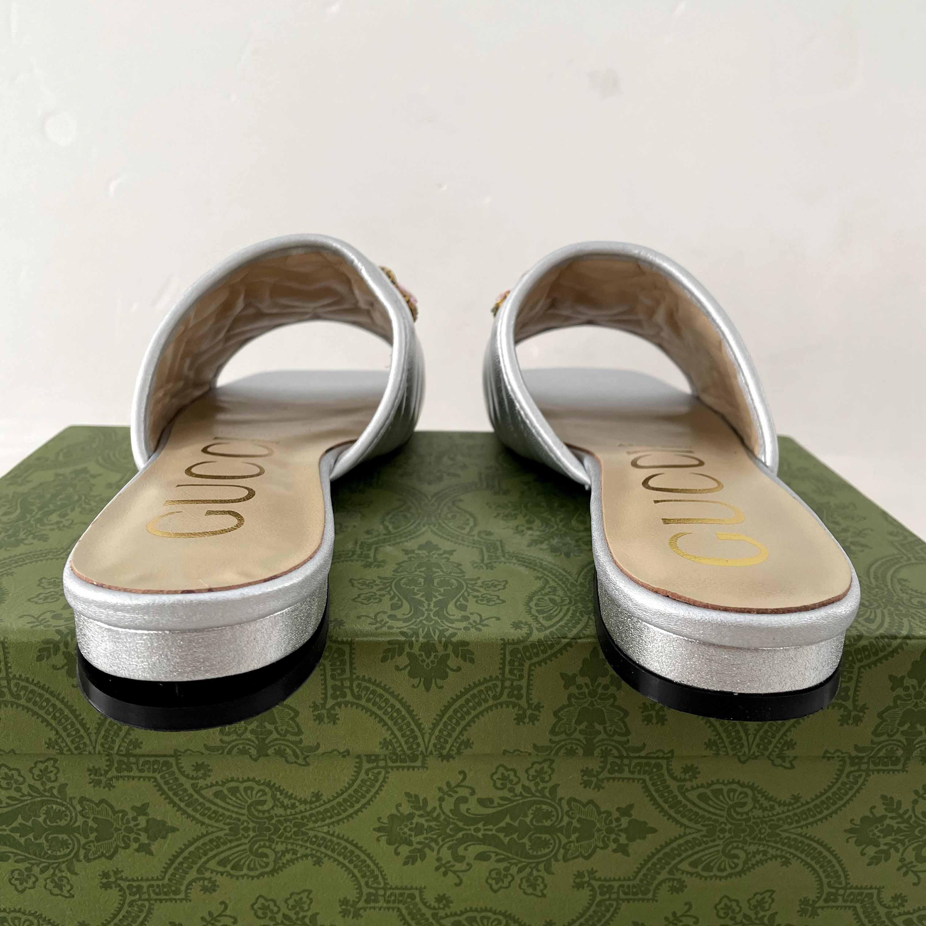 Gucci Women's Crystal Embellished Leather Slide Sandals - 