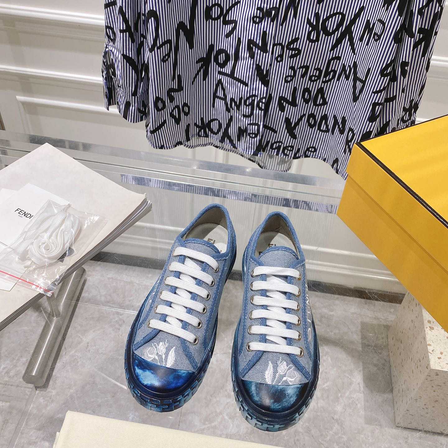 Fendi Domino Light Blue Denim Low Tops Sneakers - 