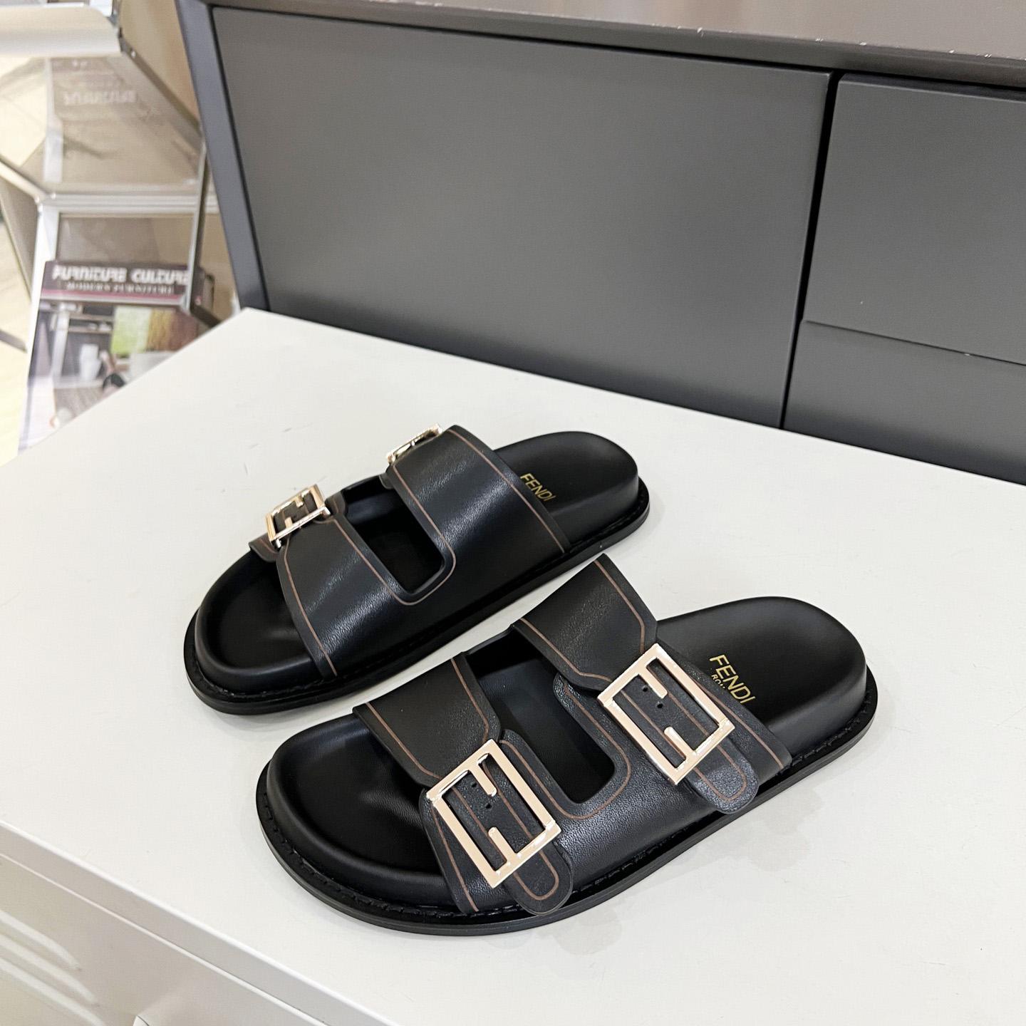 Fendi Feel Black Leather Slides - 