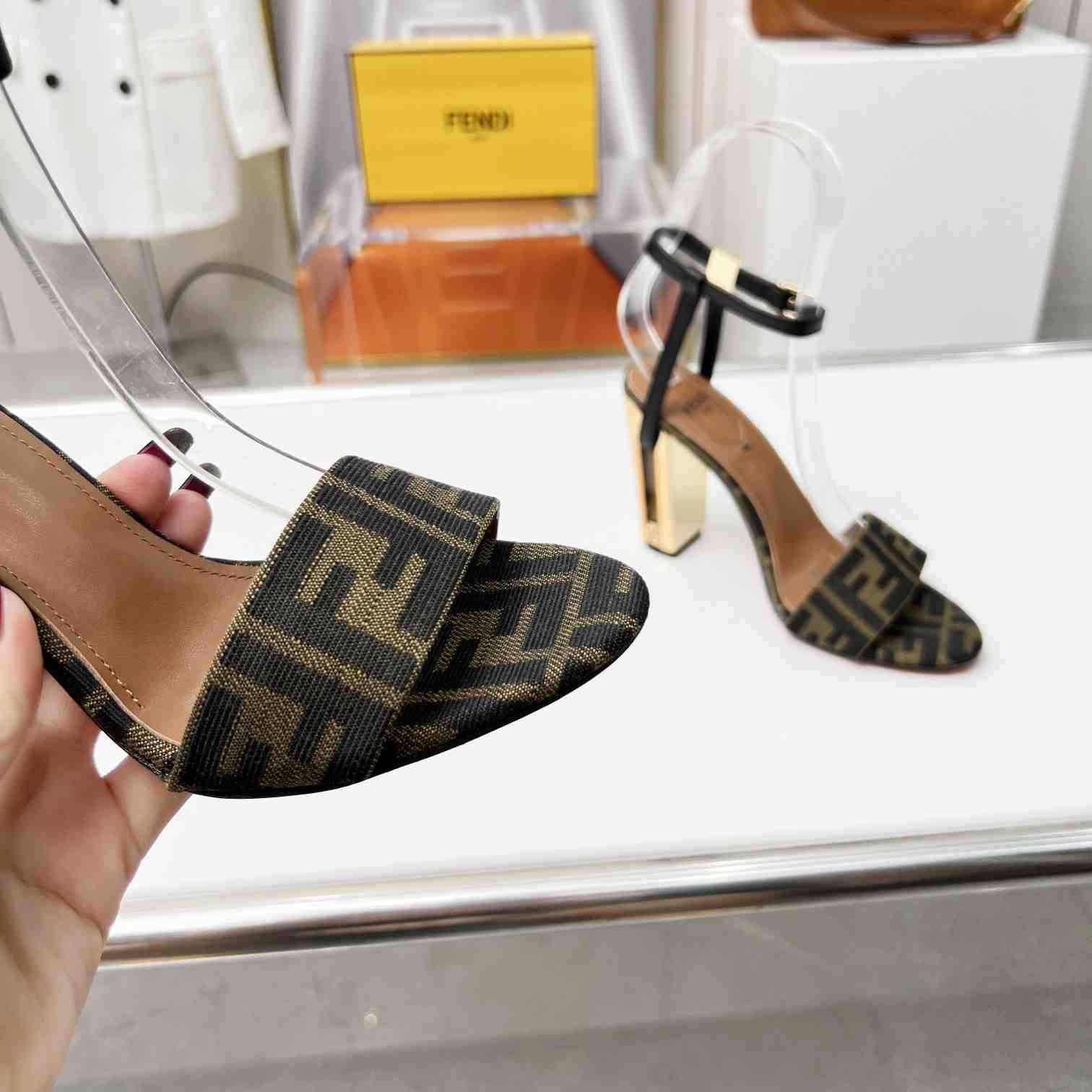 Fendi Delfina Brown Fabric High-heeled Sandals - 