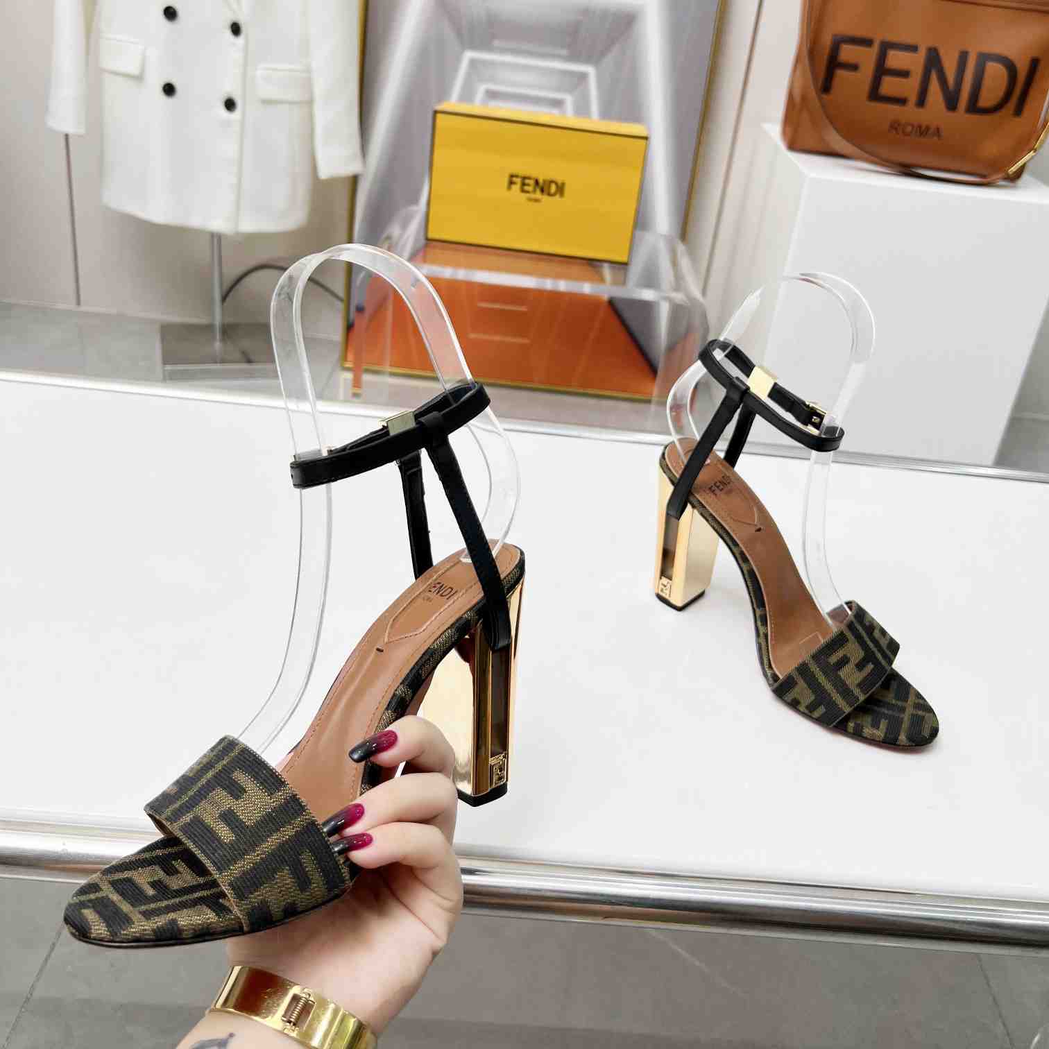 Fendi Delfina Brown Fabric High-heeled Sandals - 