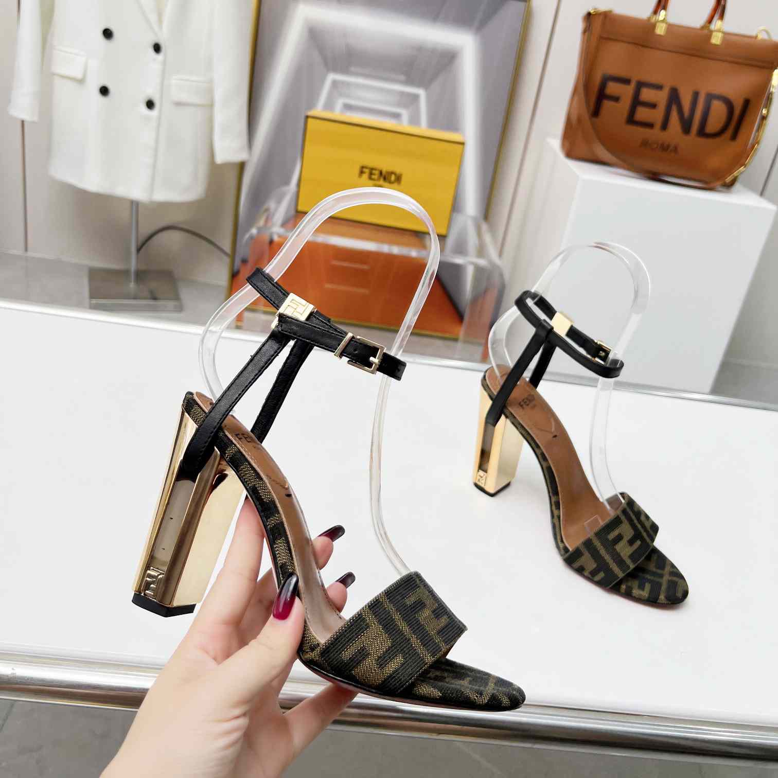 Fendi Delfina Brown Fabric High-heeled Sandals - 