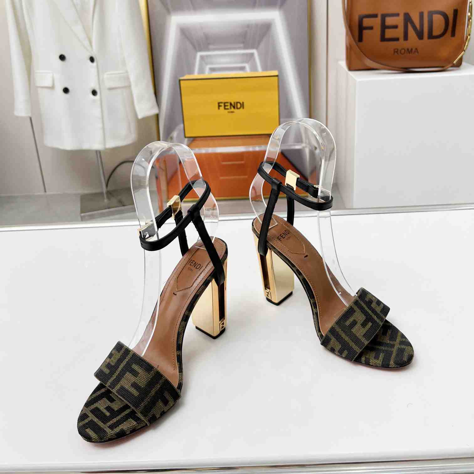 Fendi Delfina Brown Fabric High-heeled Sandals - 