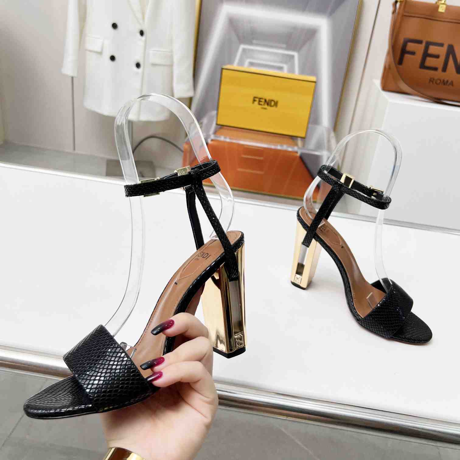 Fendi Delfina Black karung High-heeled Sandals - 