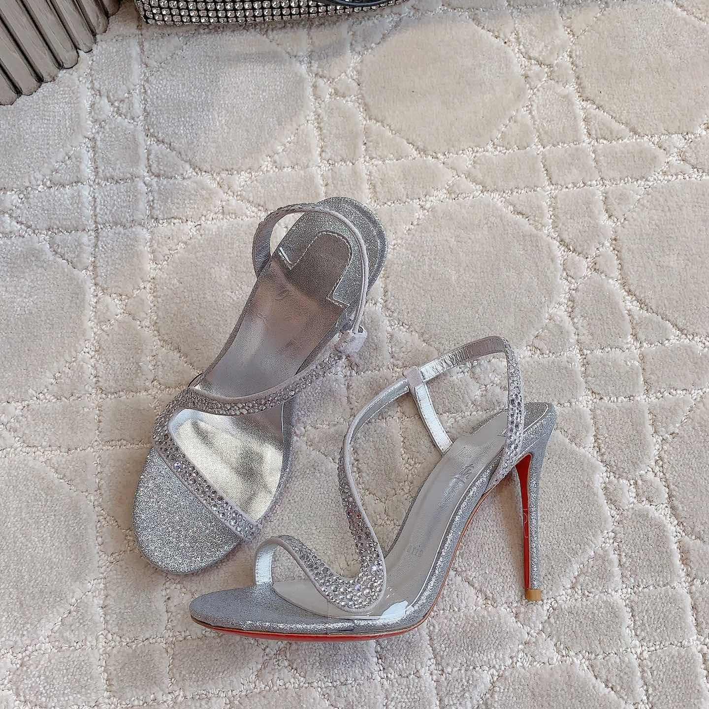 Christian Louboutin Silvery Suede Crystal Embellished Rosalie Sandals - 