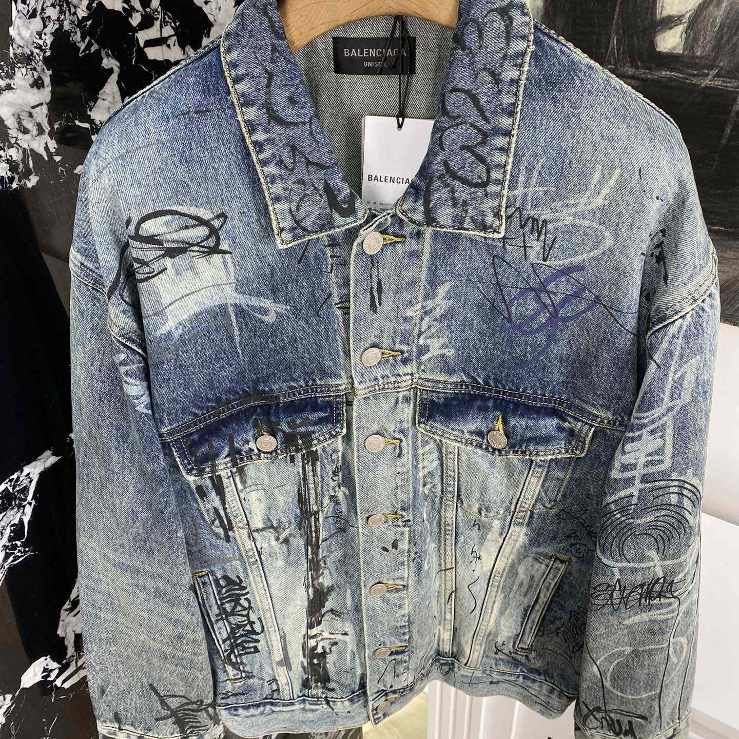 Balenciaga Blue Graffiti Denim Jacket Coat - 