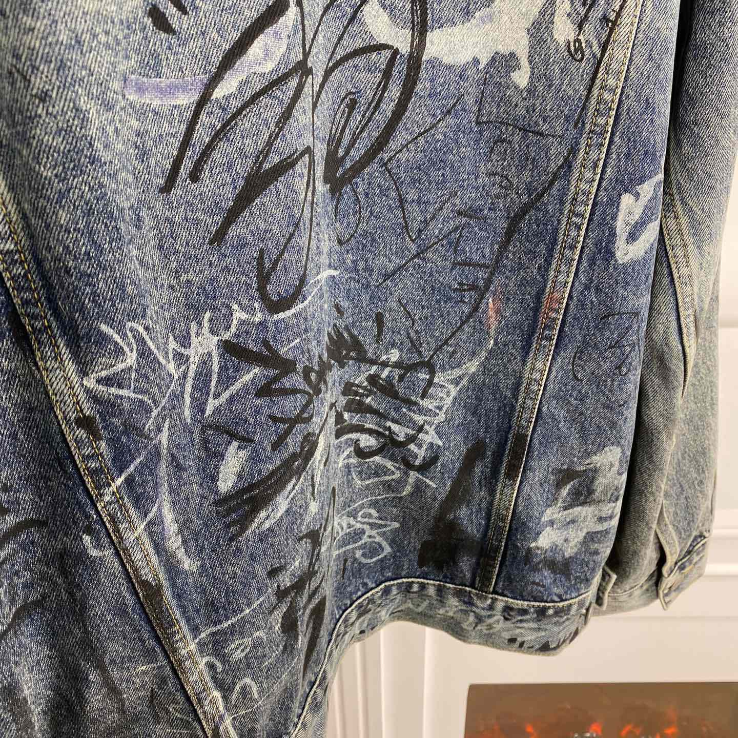 Balenciaga Blue Graffiti Denim Jacket Coat - 
