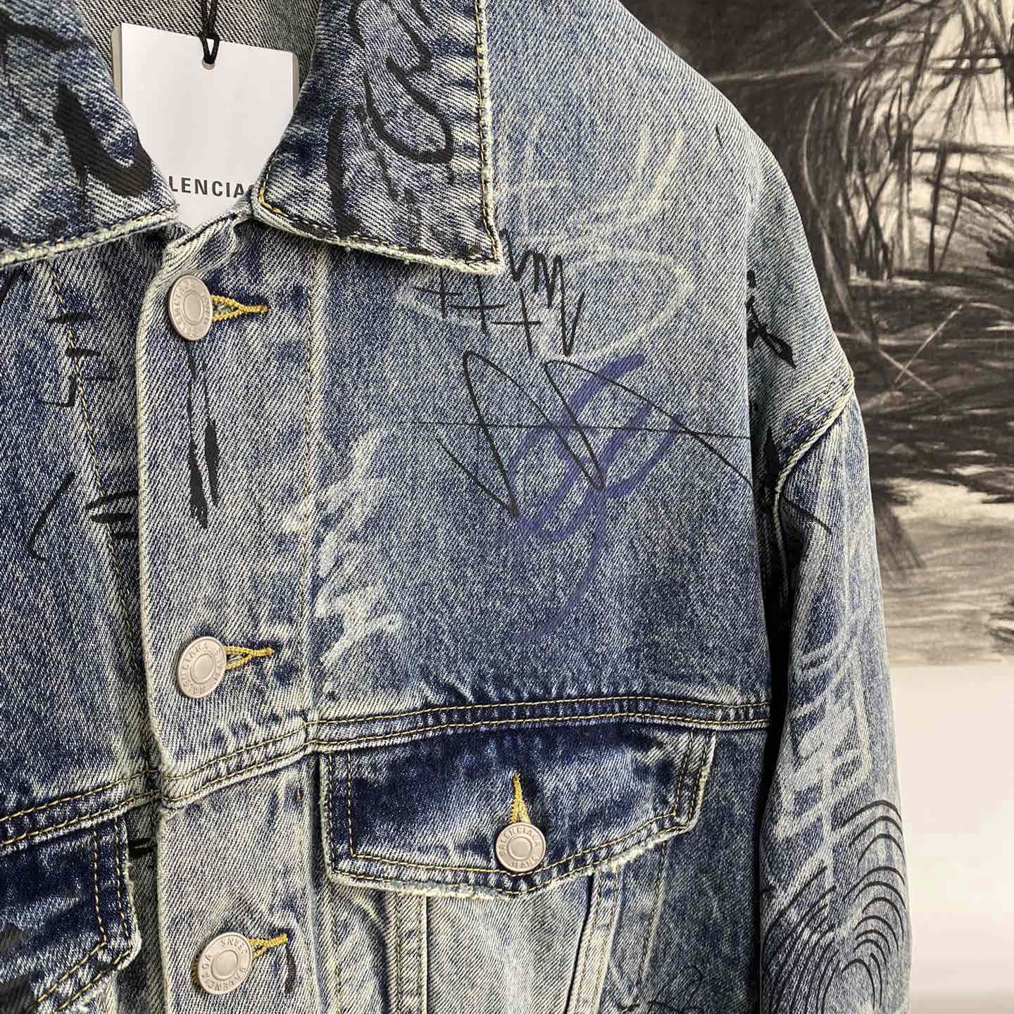 Balenciaga Blue Graffiti Denim Jacket Coat - 