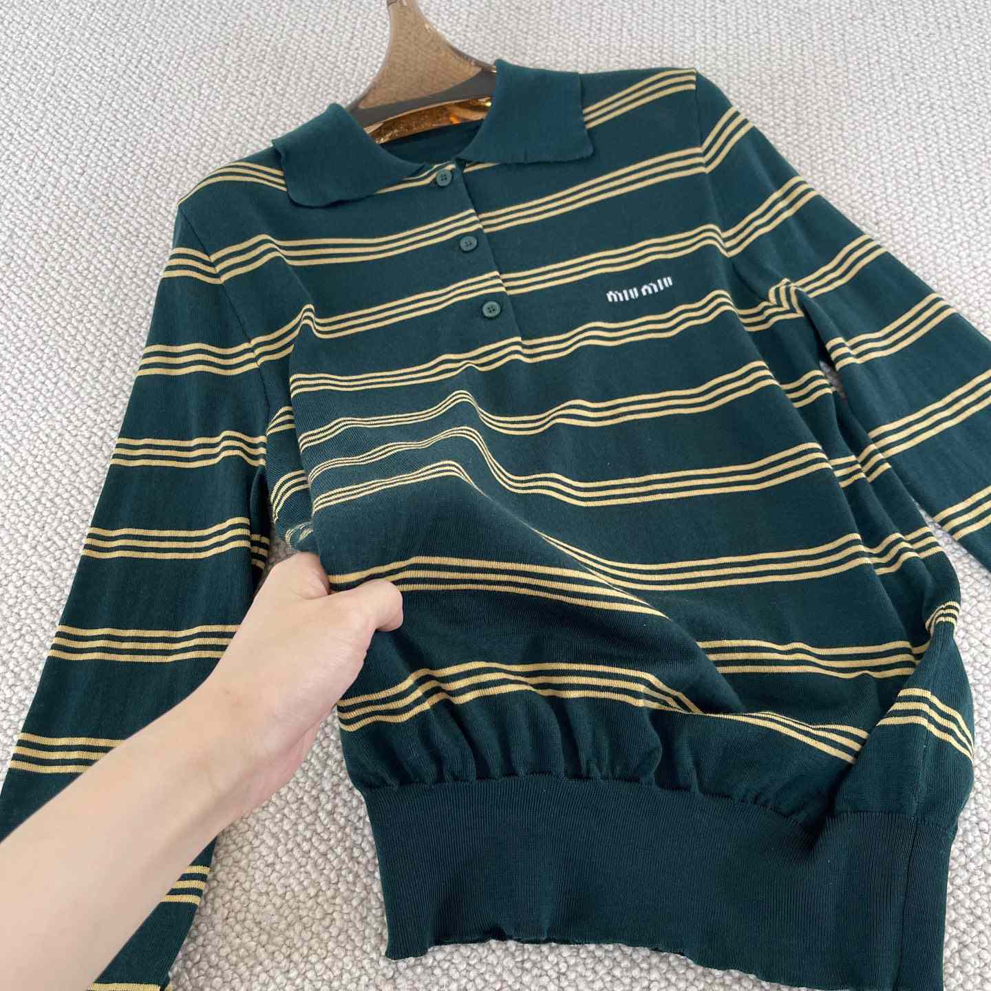 Miu Miu Women's Green and White Striped Sweater - DesignerGu