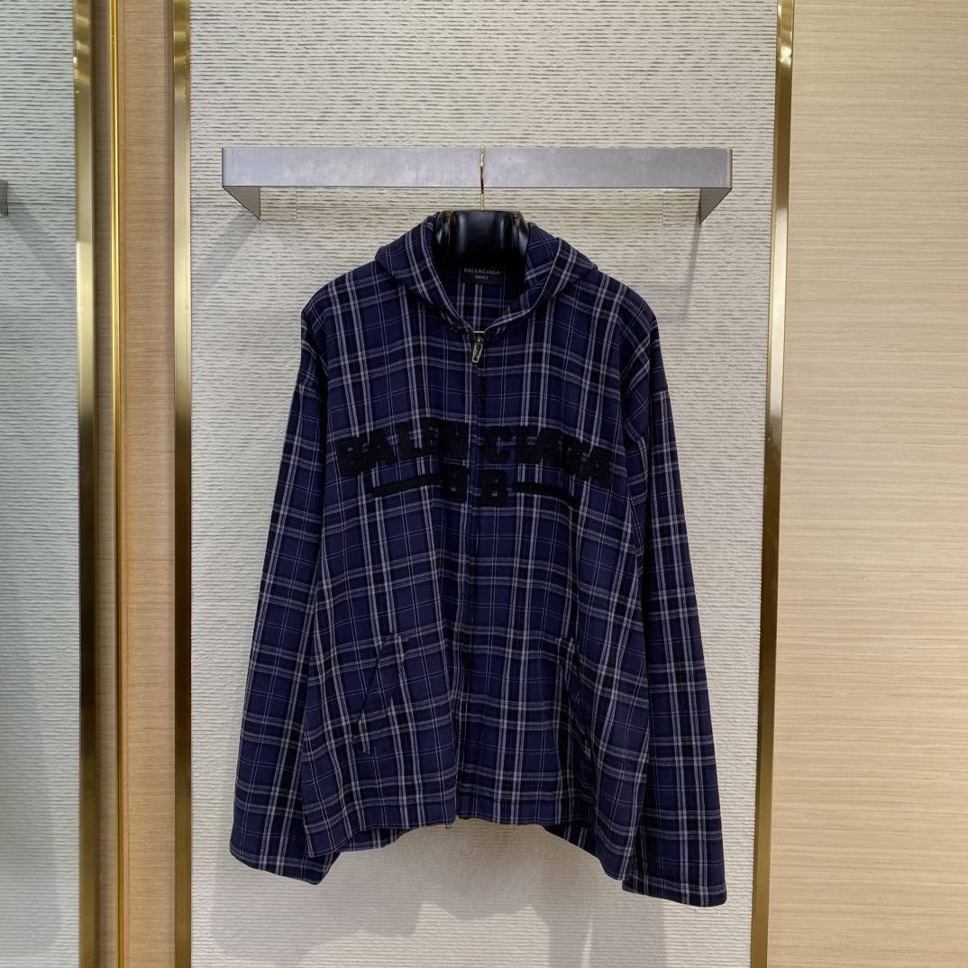 Balenciaga SS25 Logo Embroidered Hooded Check Jacket - DesignerGu