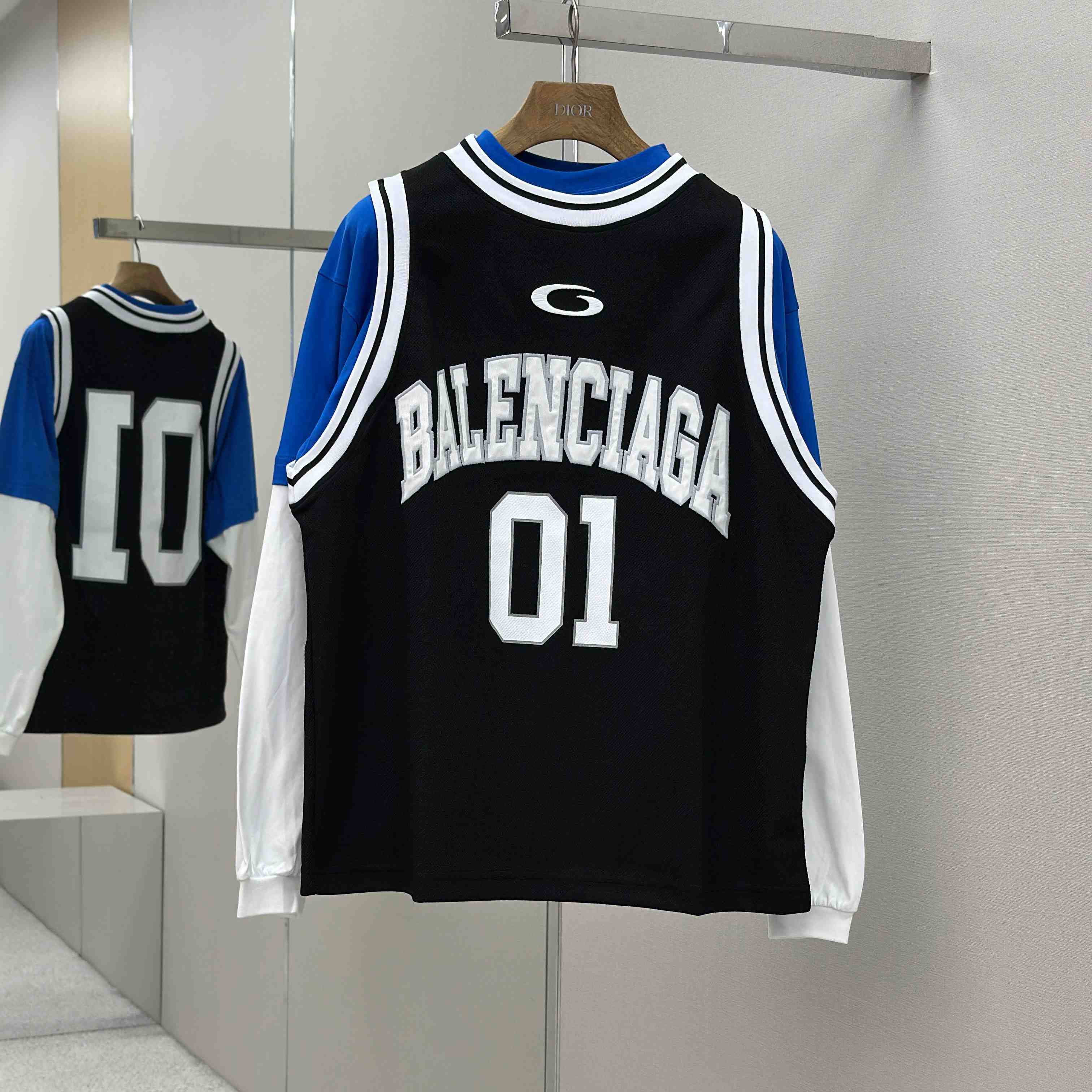 Balenciaga Basketball Series - Layered Long Sleeve T-Shirt In Black And White Sporty Mesh Jersey - DesignerGu
