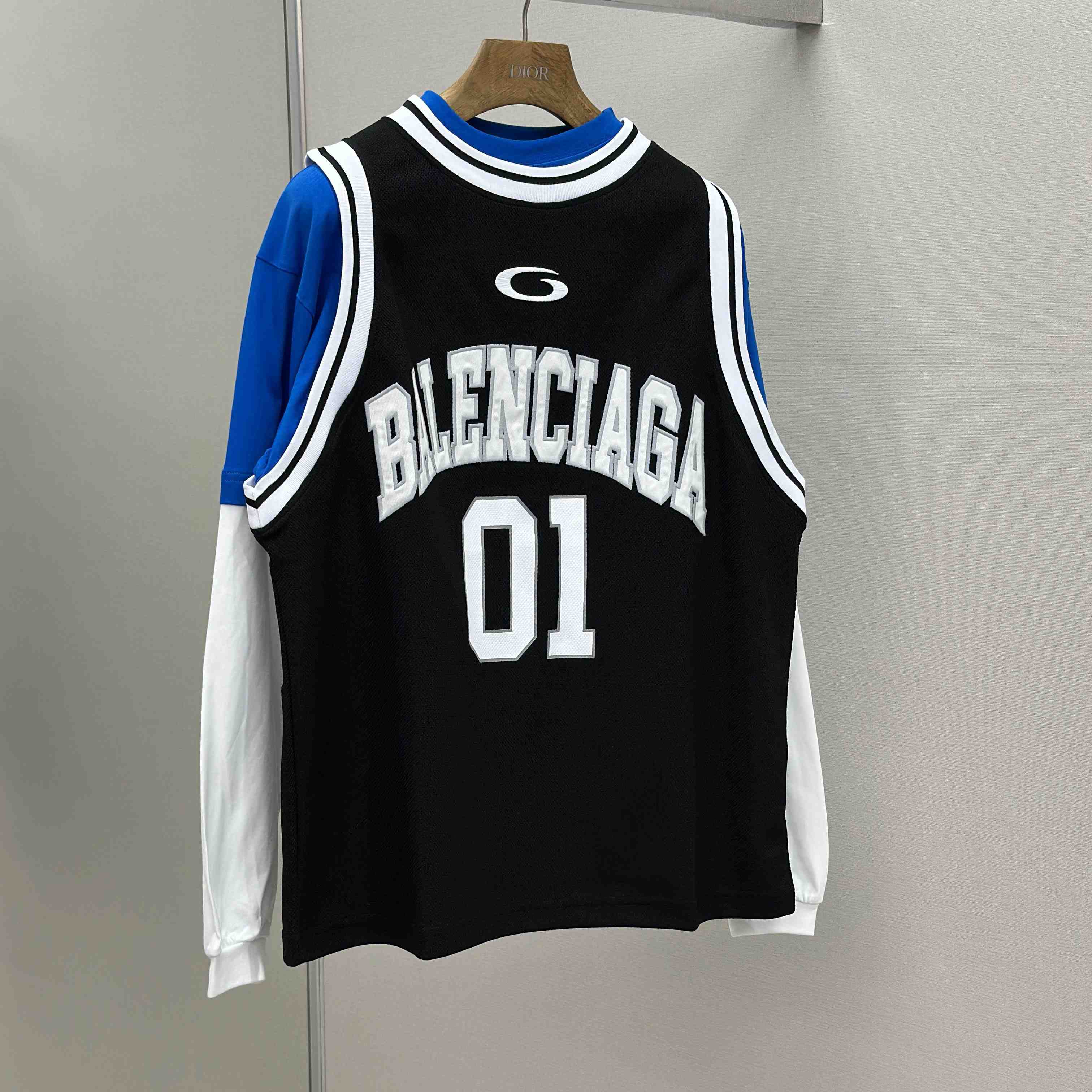 Balenciaga Basketball Series - Layered Long Sleeve T-Shirt In Black And White Sporty Mesh Jersey - DesignerGu