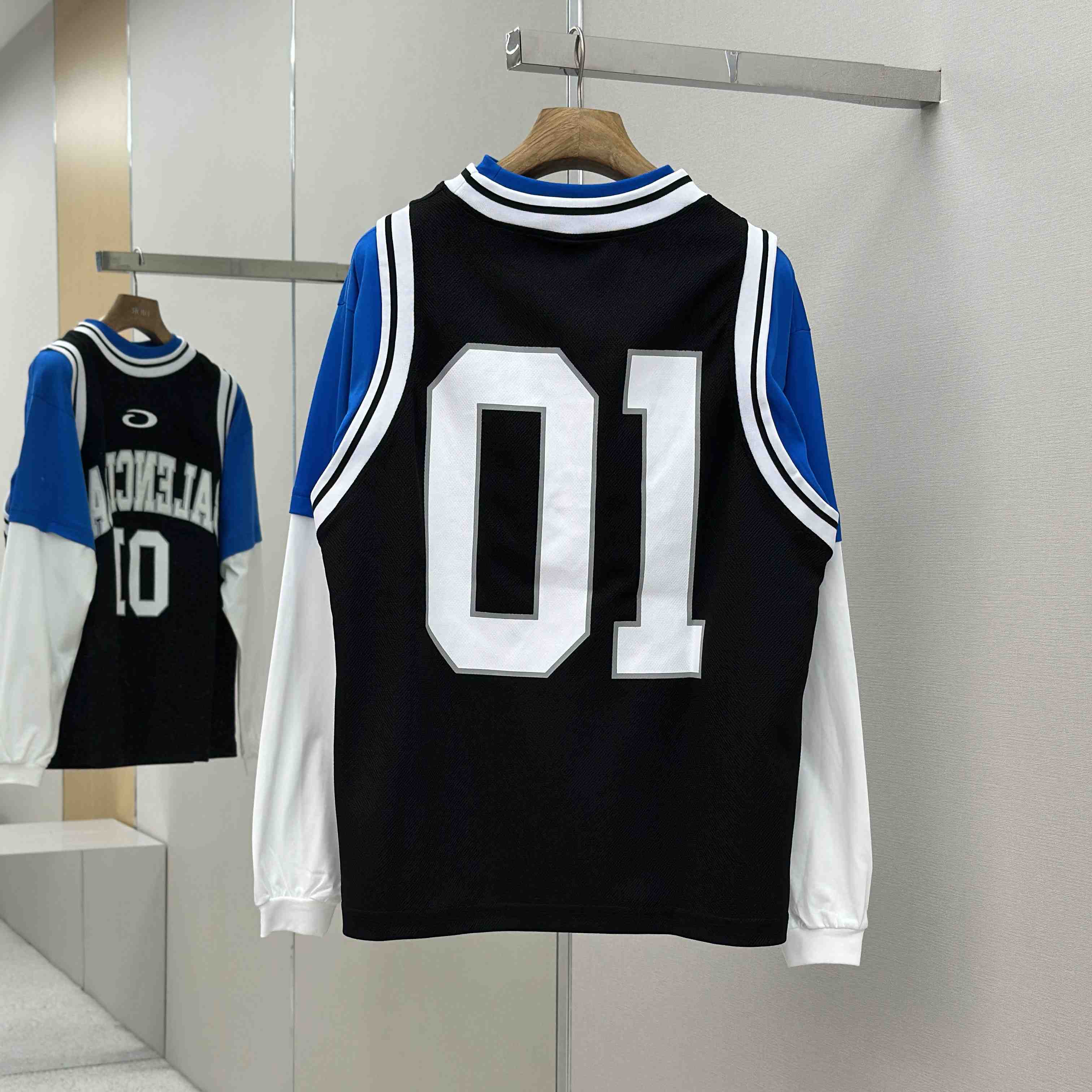 Balenciaga Basketball Series - Layered Long Sleeve T-Shirt In Black And White Sporty Mesh Jersey - DesignerGu