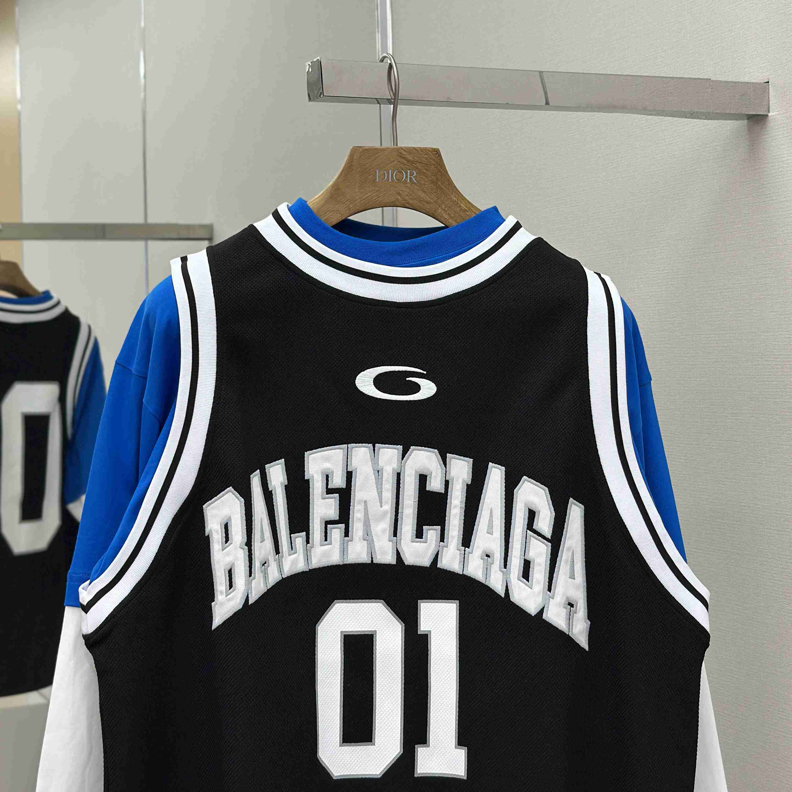 Balenciaga Basketball Series - Layered Long Sleeve T-Shirt In Black And White Sporty Mesh Jersey - DesignerGu