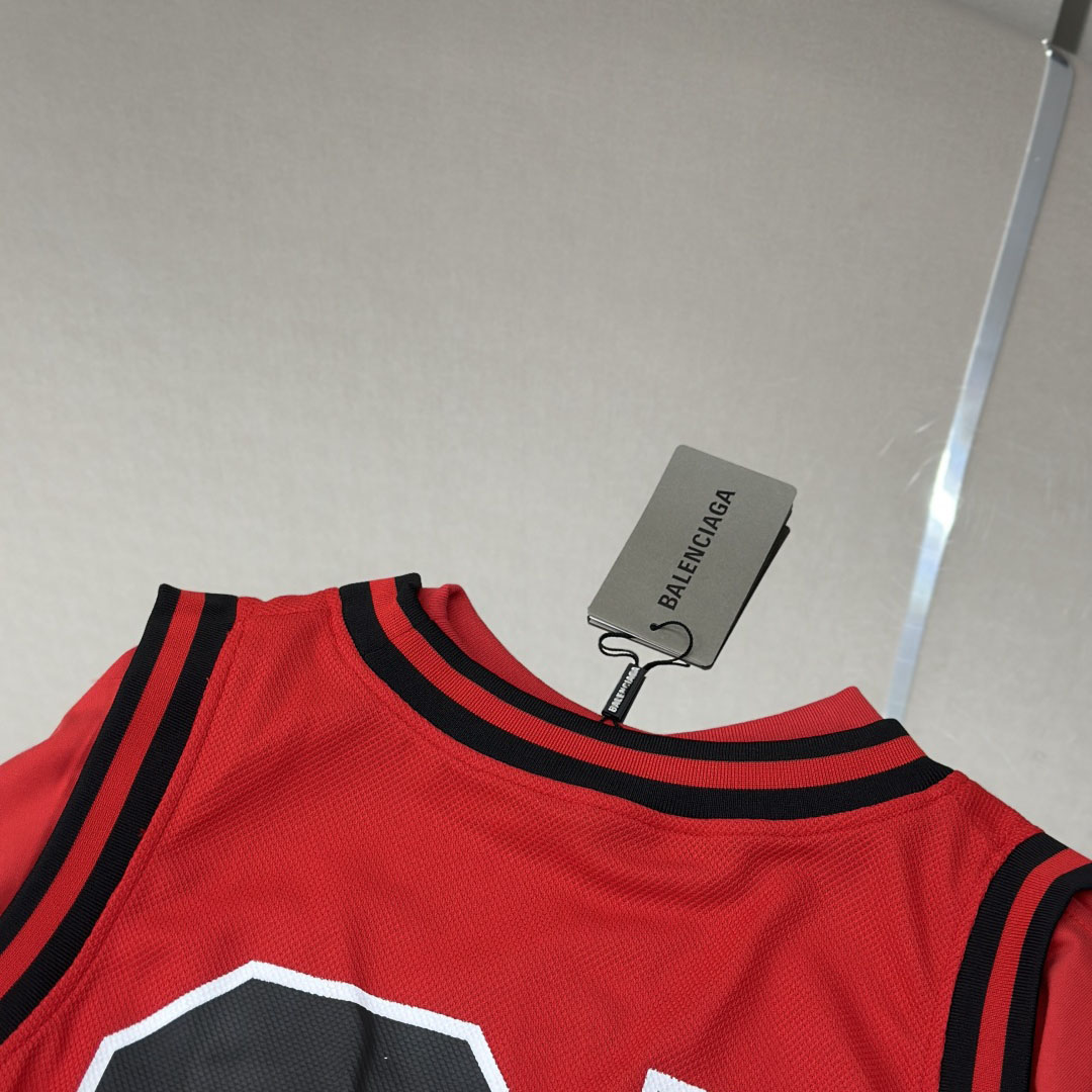 Balenciaga Basketball Series - Layered Long Sleeve T-Shirt In Red And Black Sporty Mesh Jersey - DesignerGu