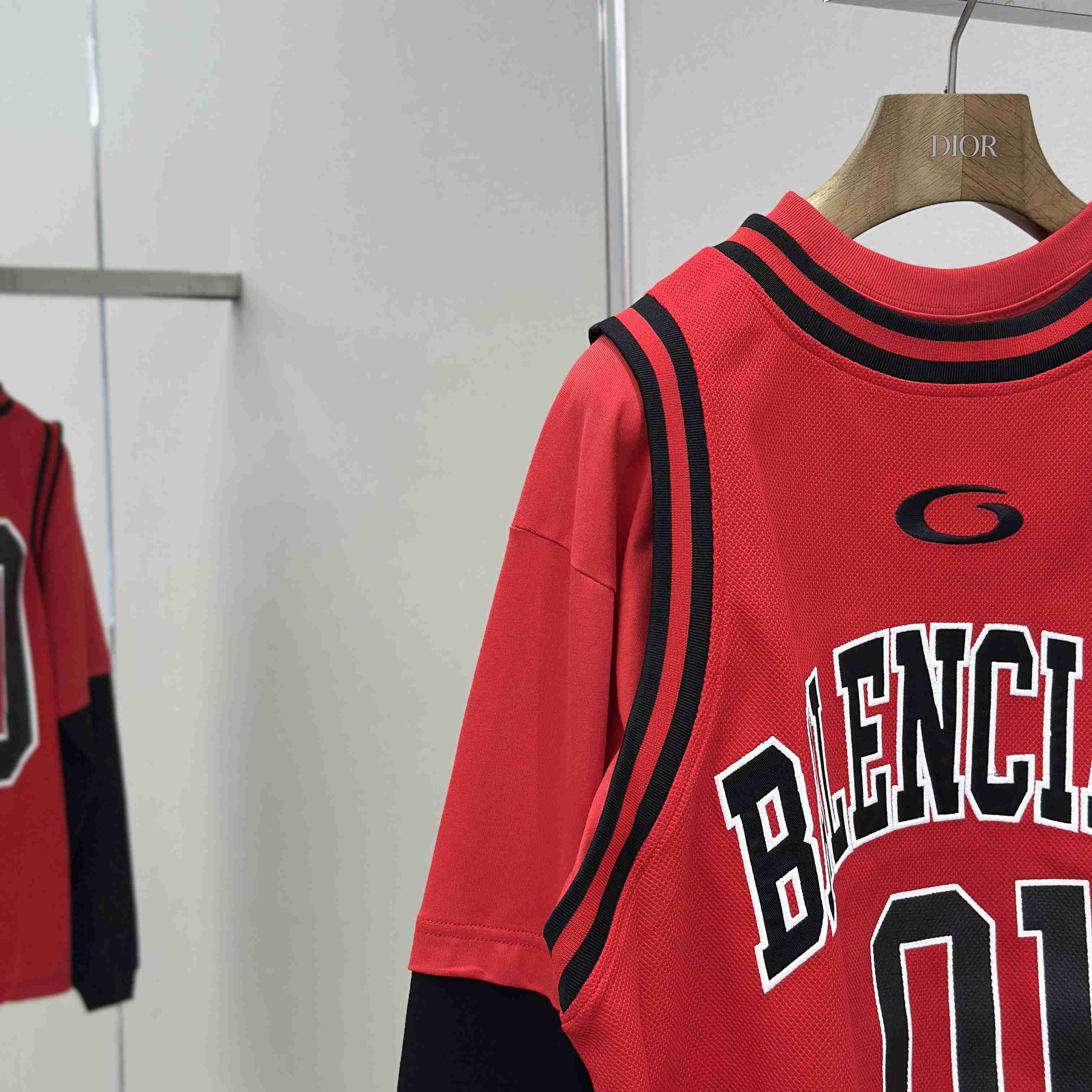 Balenciaga Basketball Series - Layered Long Sleeve T-Shirt In Red And Black Sporty Mesh Jersey - DesignerGu