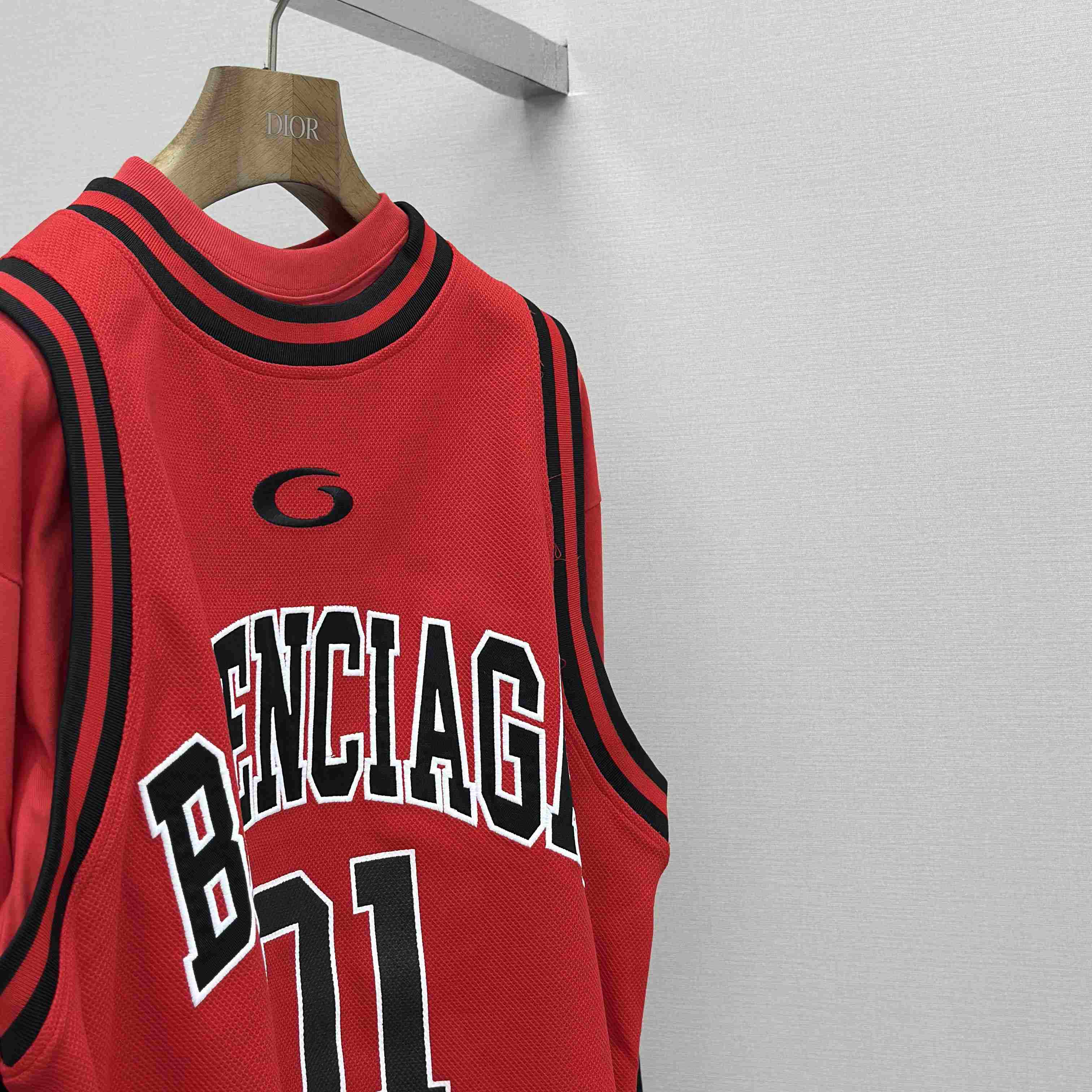 Balenciaga Basketball Series - Layered Long Sleeve T-Shirt In Red And Black Sporty Mesh Jersey - DesignerGu