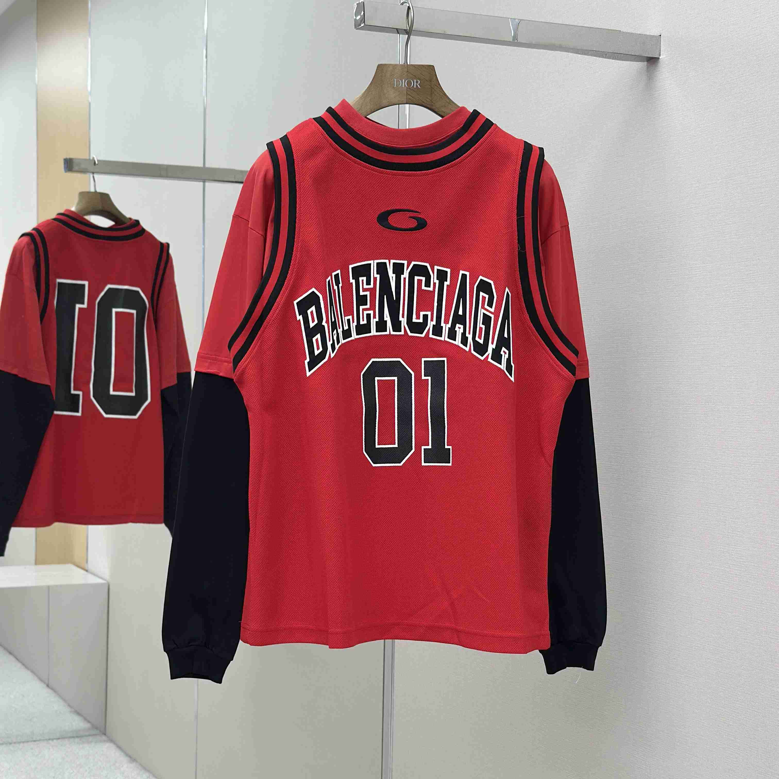 Balenciaga Basketball Series - Layered Long Sleeve T-Shirt In Red And Black Sporty Mesh Jersey - DesignerGu