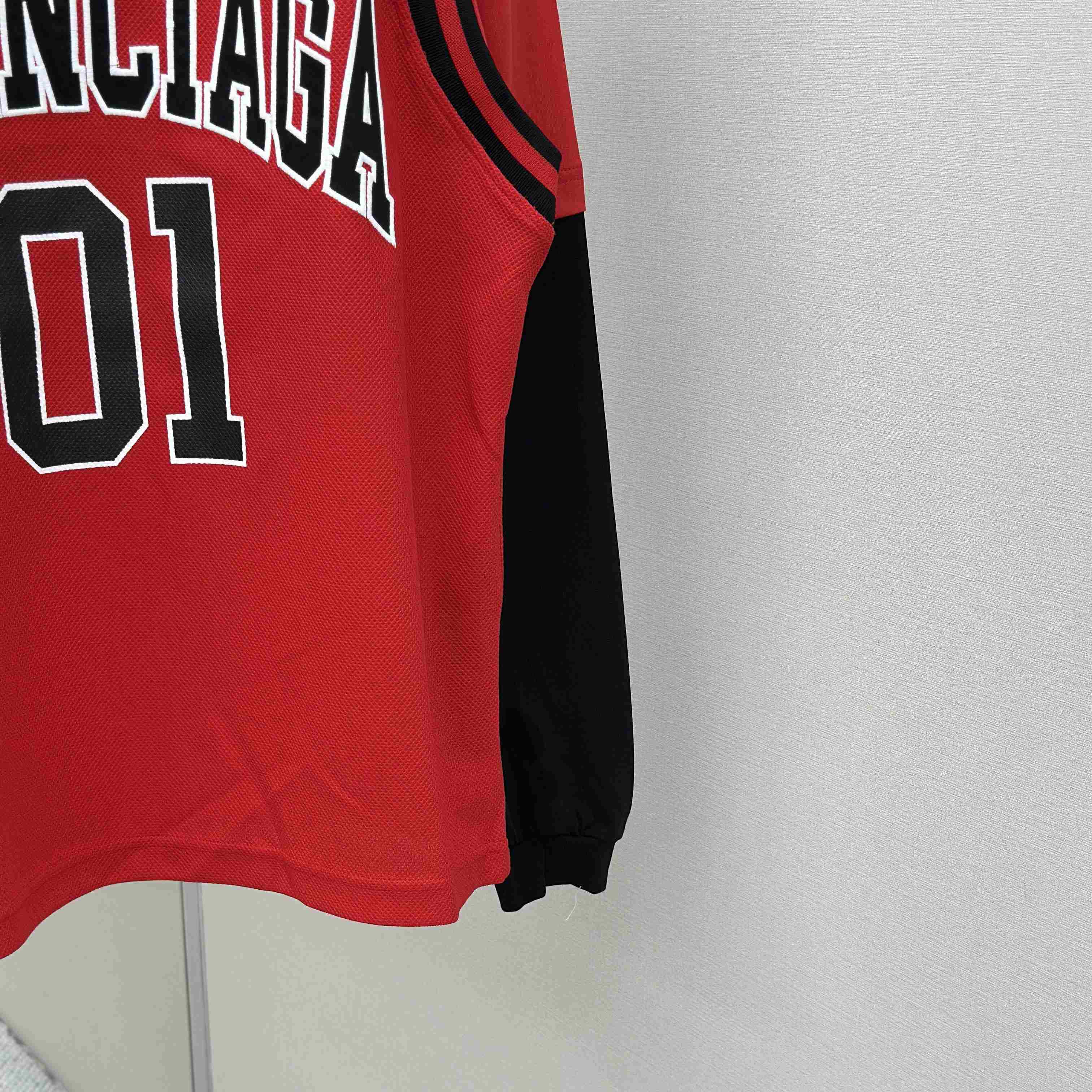 Balenciaga Basketball Series - Layered Long Sleeve T-Shirt In Red And Black Sporty Mesh Jersey - DesignerGu
