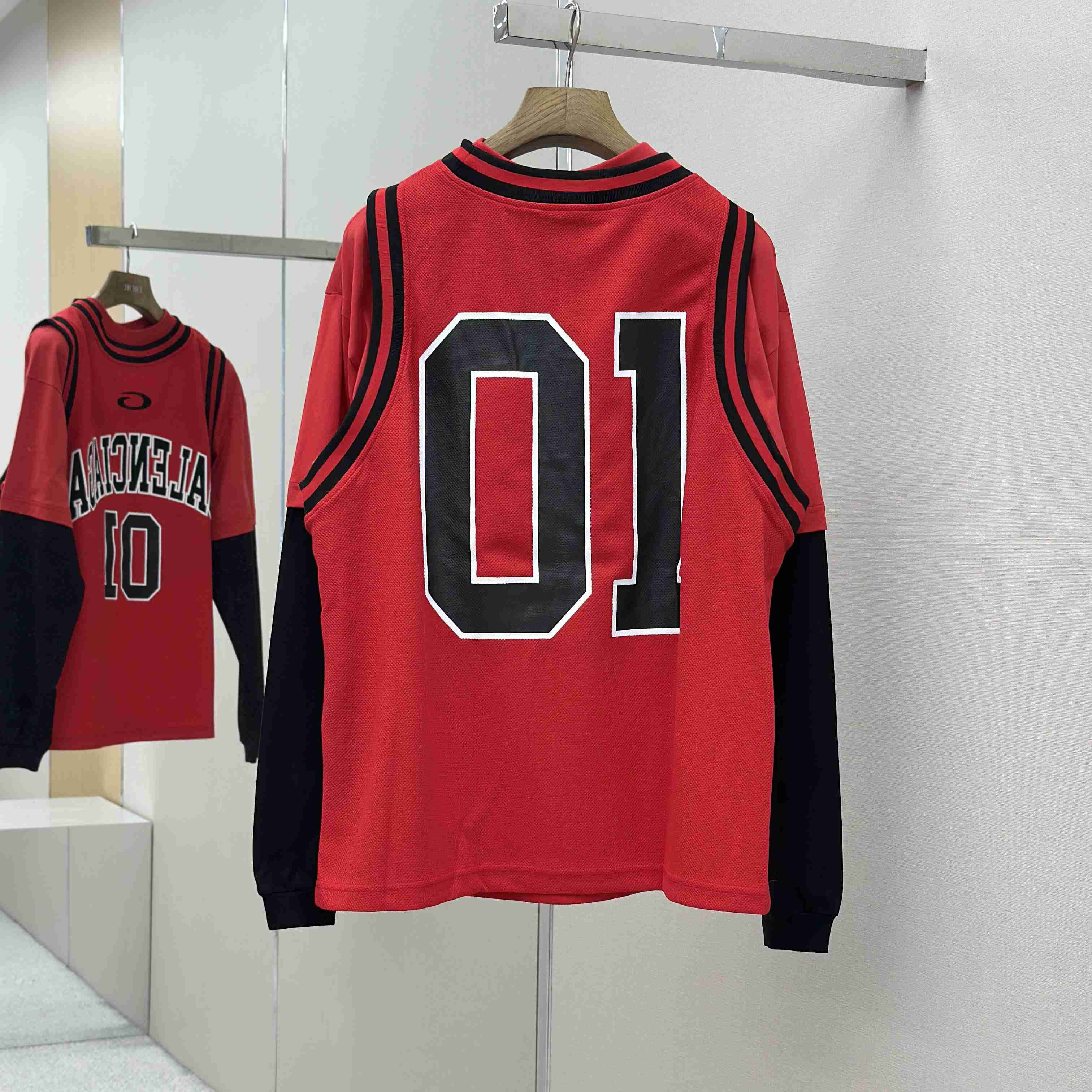Balenciaga Basketball Series - Layered Long Sleeve T-Shirt In Red And Black Sporty Mesh Jersey - DesignerGu