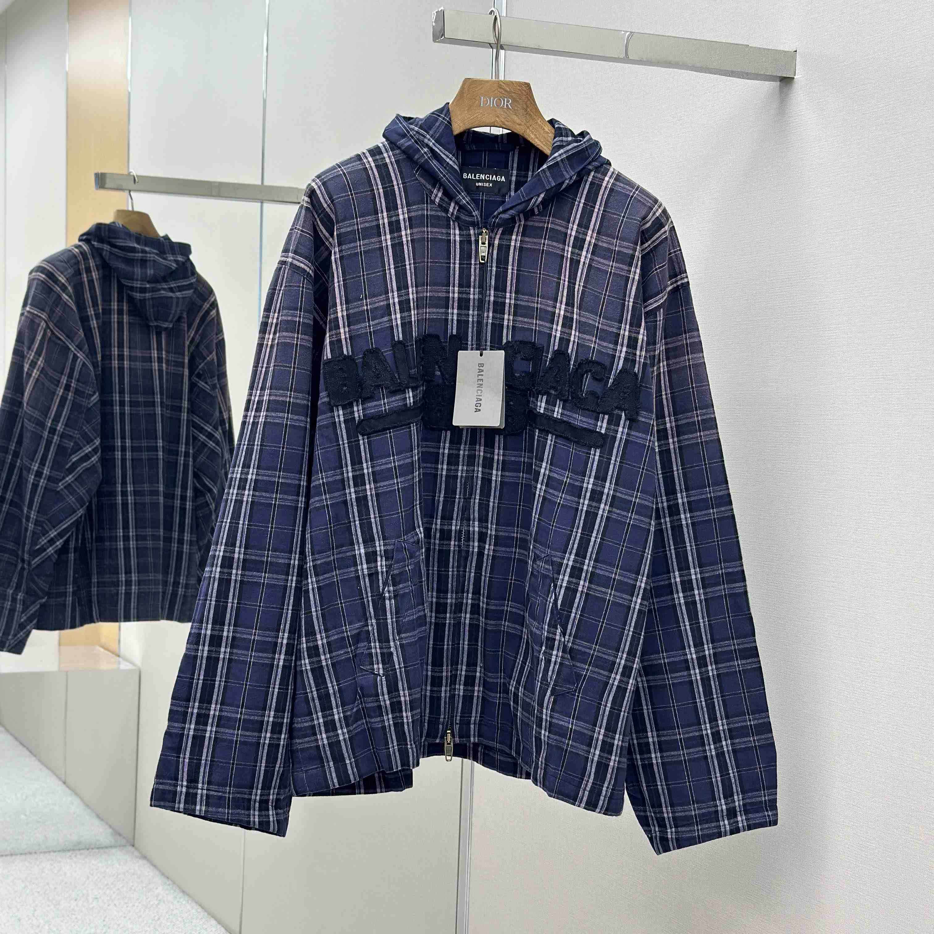 Balenciaga Logo Embroidered Hooded Check Jacket - DesignerGu