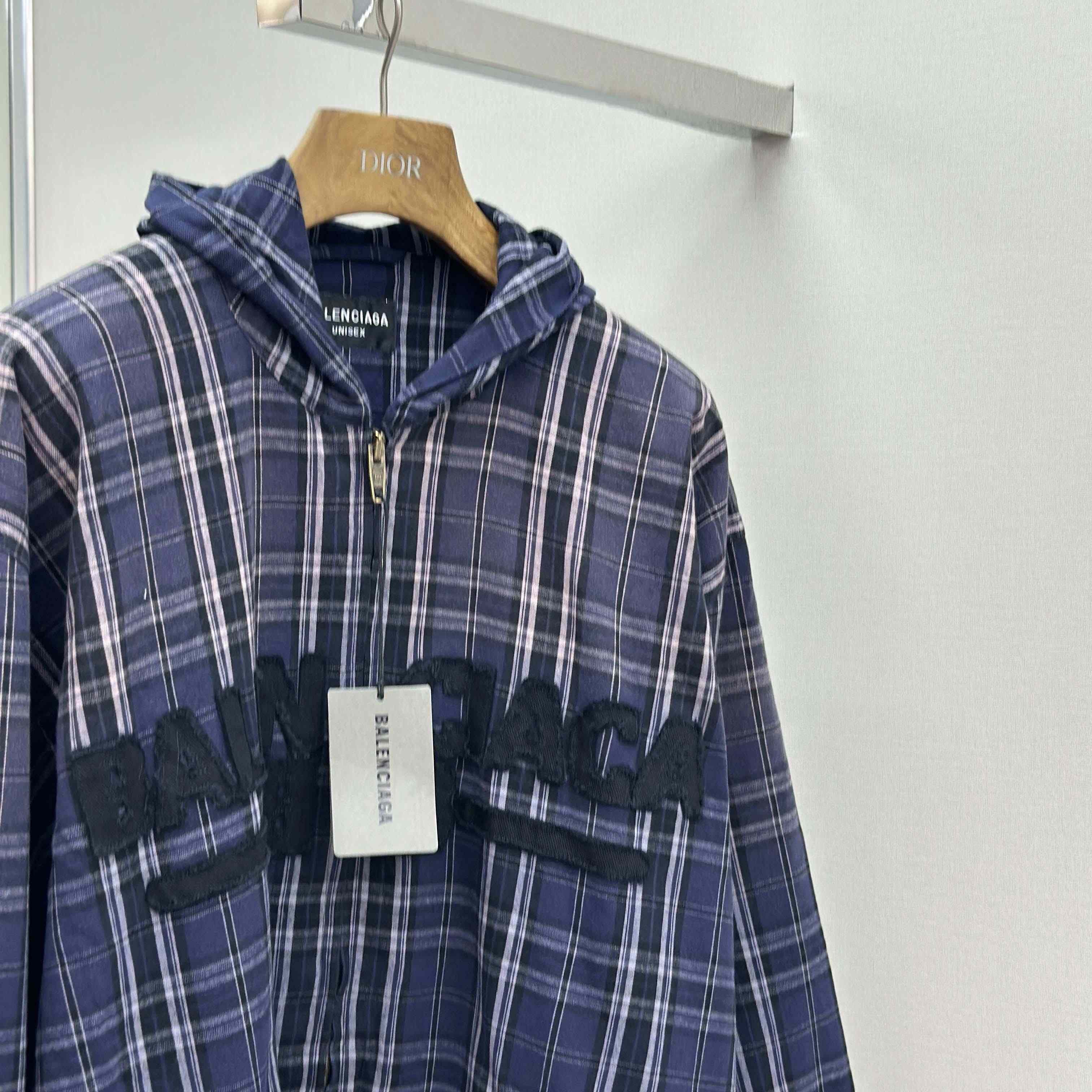 Balenciaga Logo Embroidered Hooded Check Jacket - DesignerGu