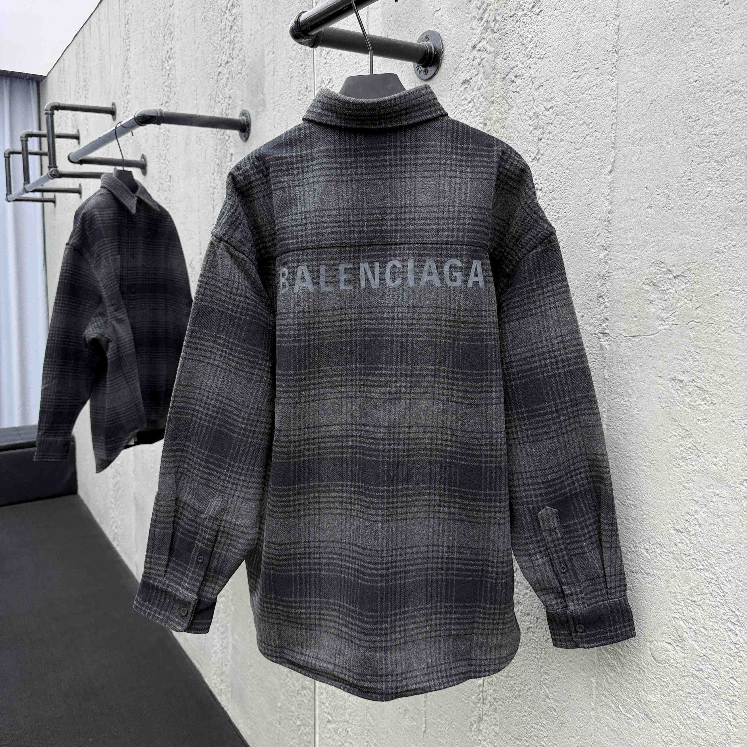 Balenciaga Oversized Shirt In Grey And Black Mix Wool Flannel - DesignerGu