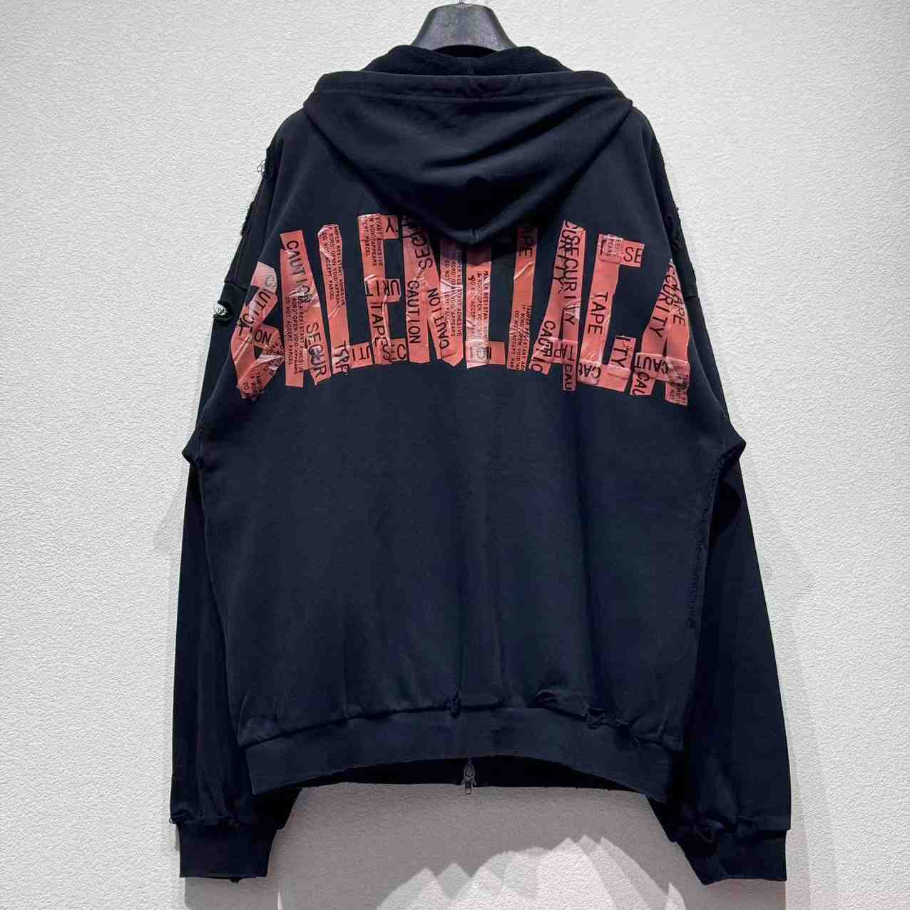 Balenciaga Security Tape Logo Large Zip-Up Hoodie In Faded Washed Black And Red Dry Fleece - DesignerGu