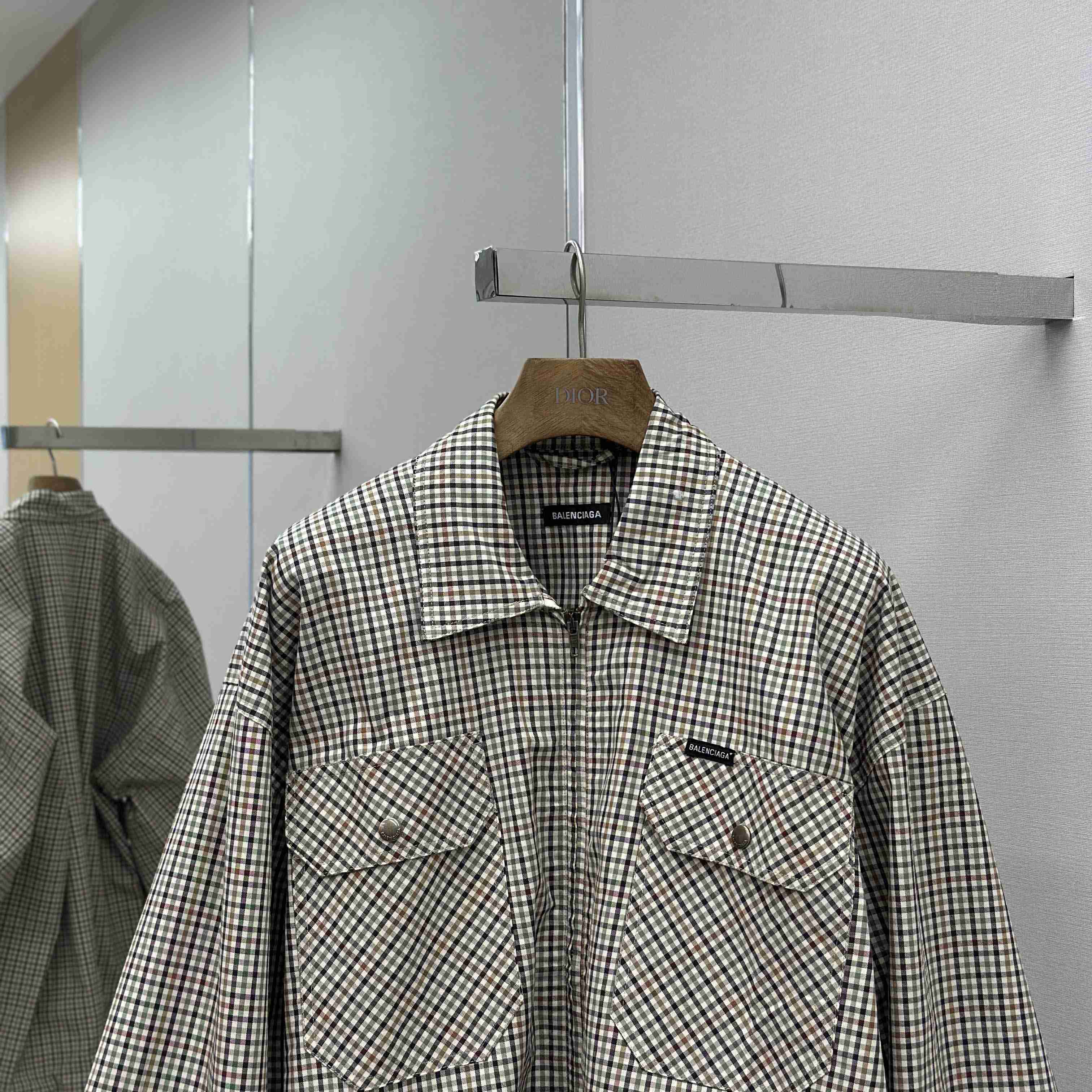 Balenciaga Zip-Up Shirt In Beige And Khaki Checked Flannel - DesignerGu