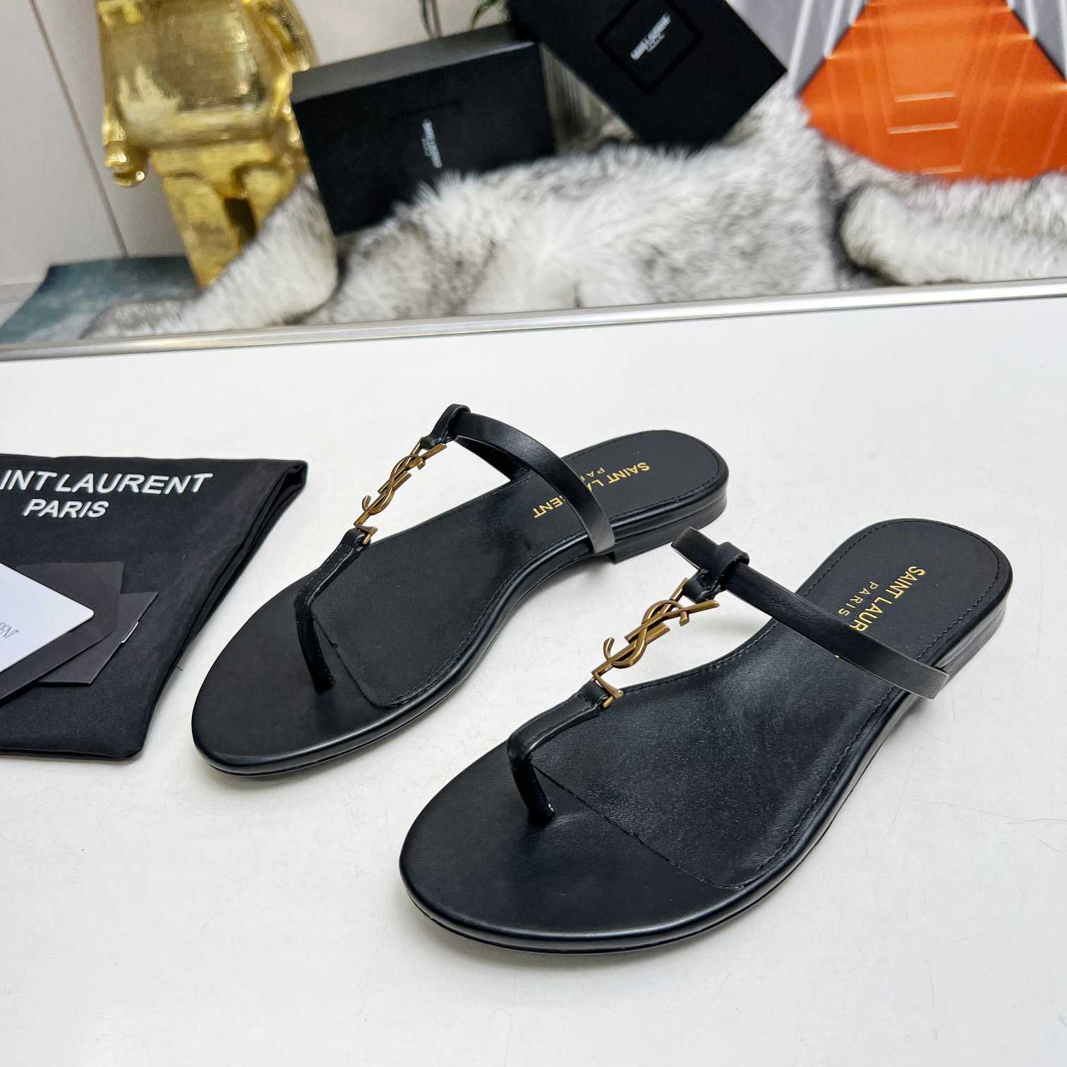 Saint Laurent Cassandra Leather Flip Flops  - DesignerGu