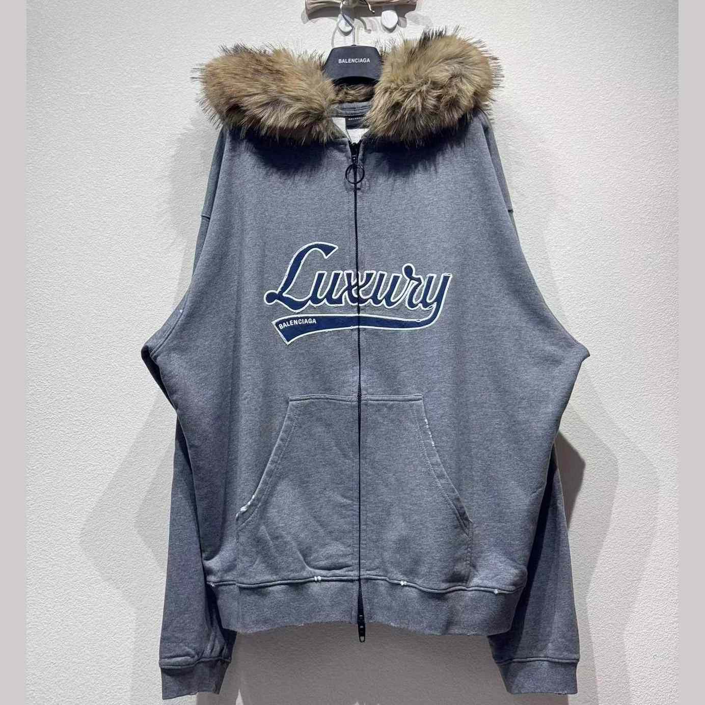 Balenciaga Luxury Script Oversized Zip-Up Hoodie In Dark Heather Grey - DesignerGu