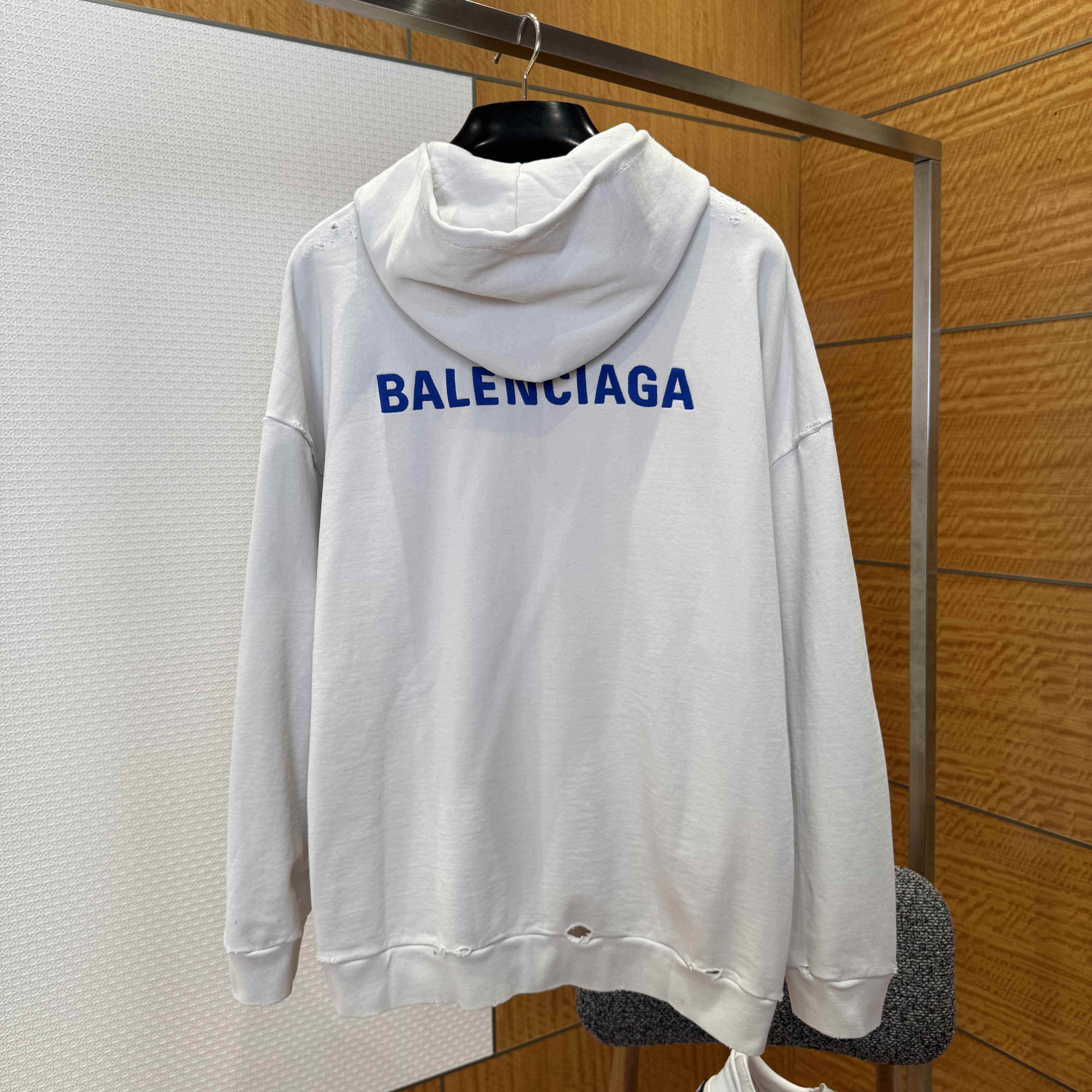 Balenciaga Back Zip-Up Hoodie Regular Fit In Dirty White And Blue Dry Fleece - DesignerGu