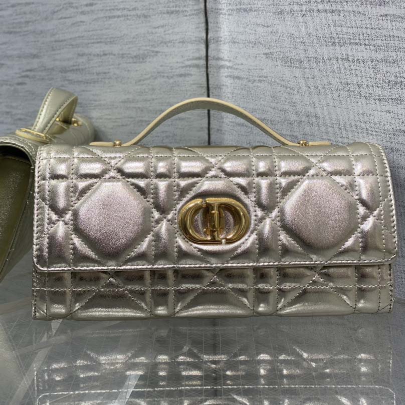 Dior Miss Caro Top Handle Pouch Metallic Pale Gold-Tone Macrocannage Calfskin  - DesignerGu