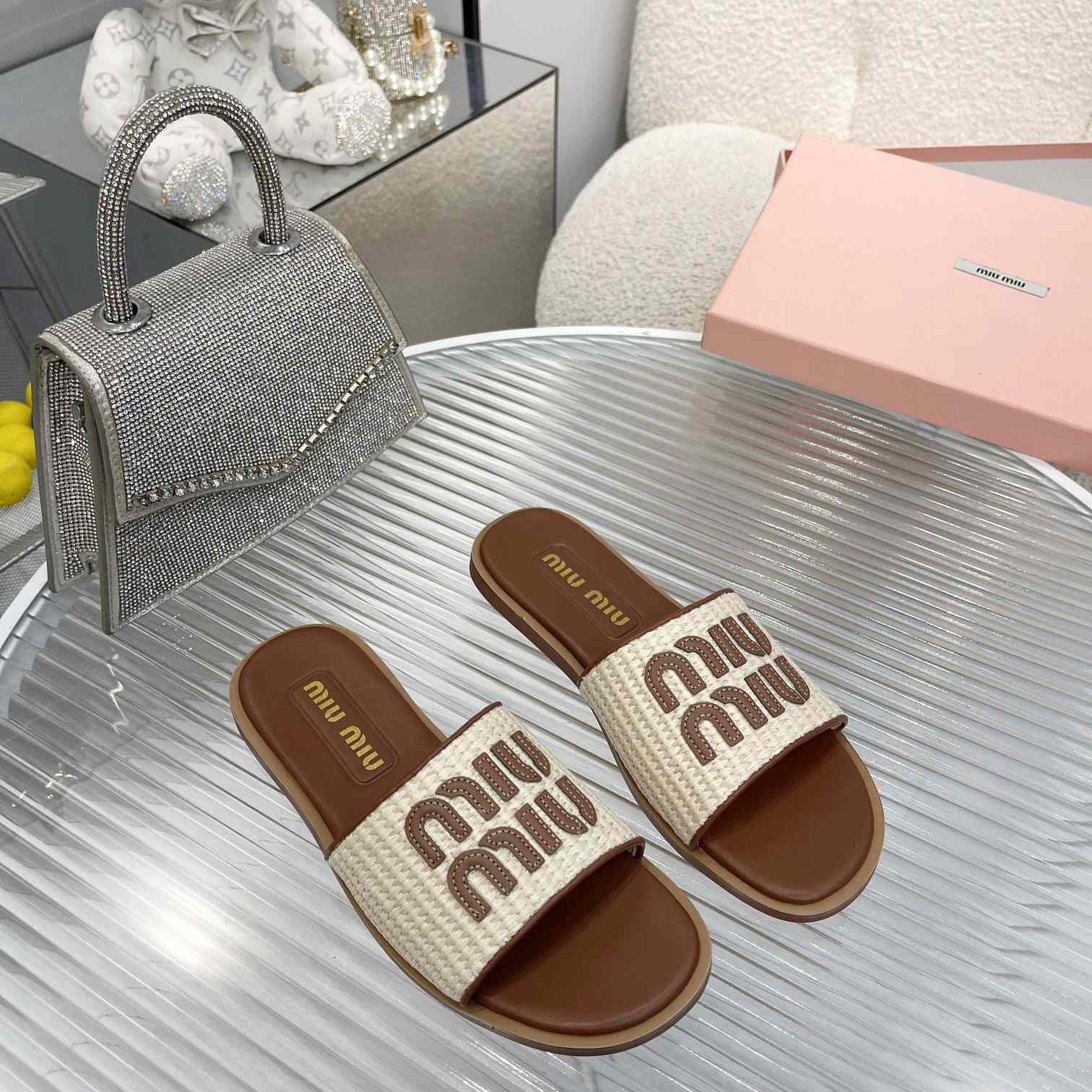 Miu Miu Logo-patch Raffia Slides - DesignerGu