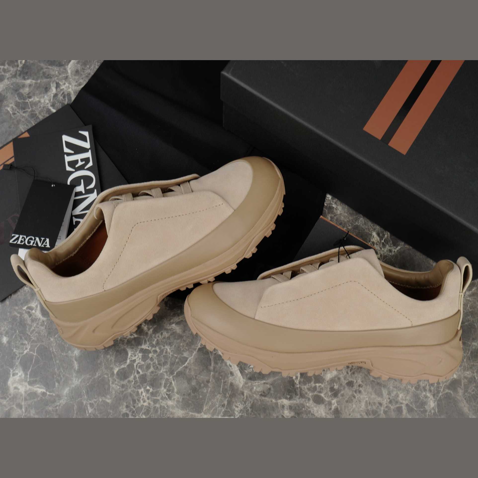 Zegna Light Taupe Leather and Suede Triple Stitch™ Monte Sneakers - DesignerGu