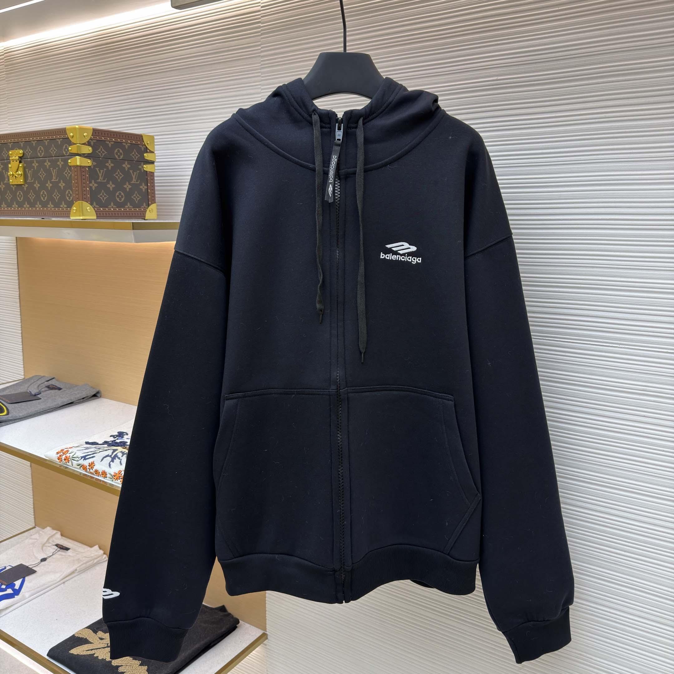 Balenciaga 3B Sports Icon Zip-Up Hoodie In Washed Black - DesignerGu