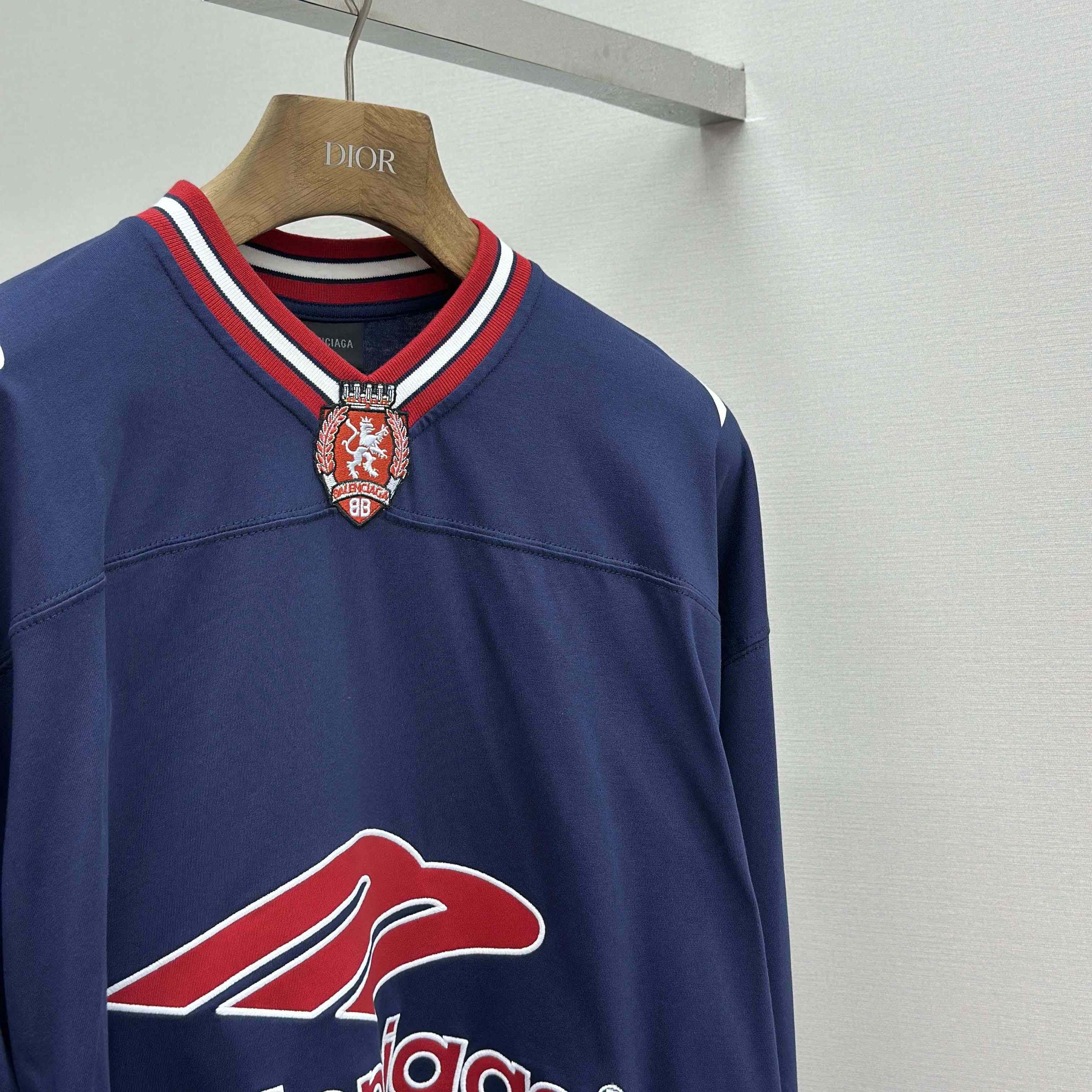 Balenciaga 3B Football Long Sleeve V-Neck T-Shirt In Dark Navy  - DesignerGu